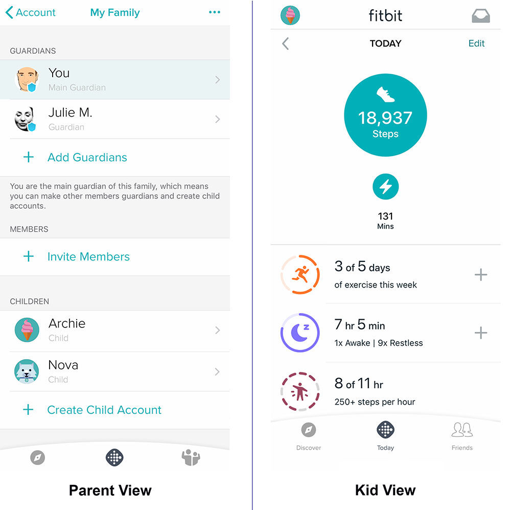 Fitbit Parent and Kid Views