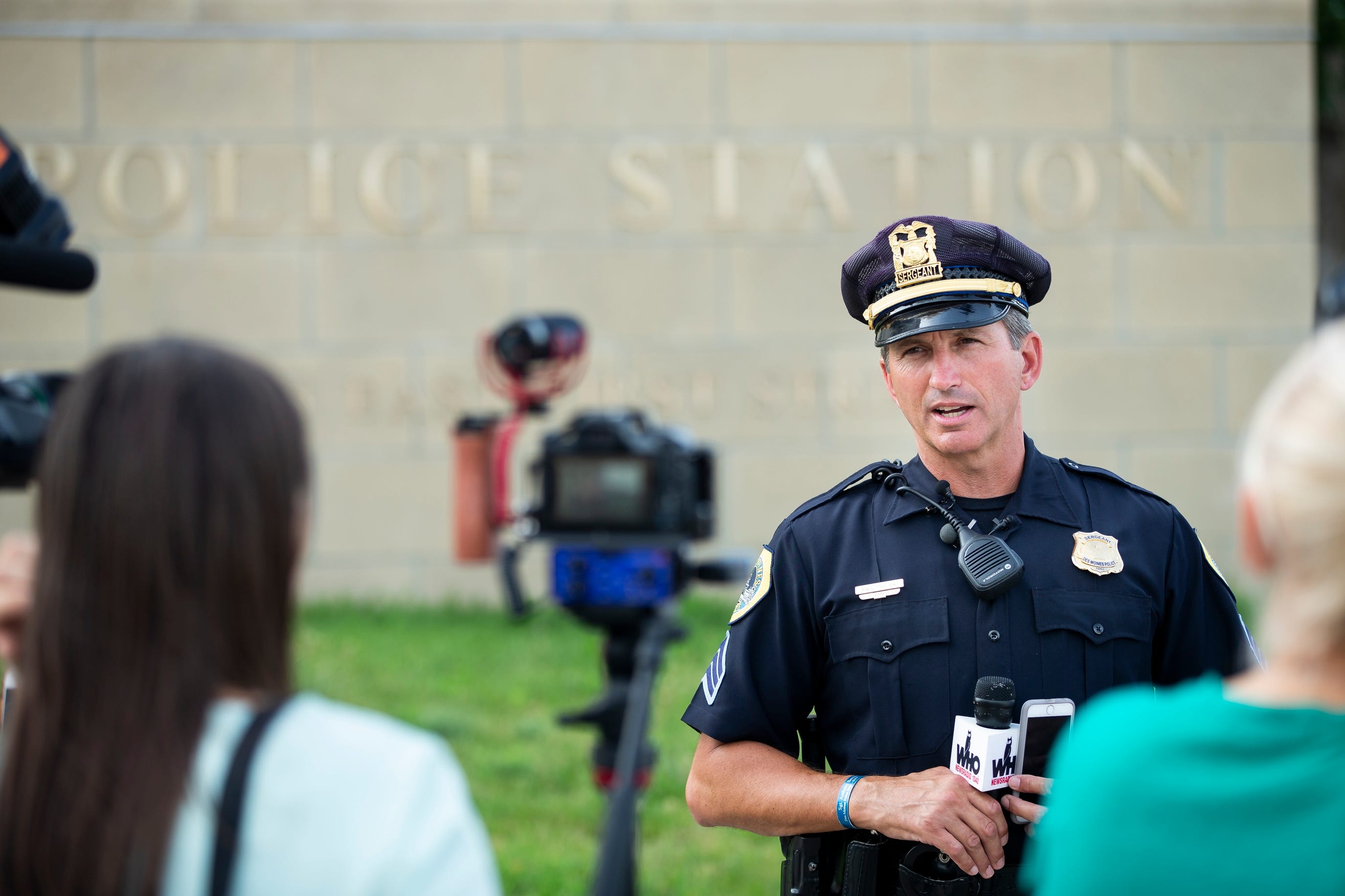 Des Moines Police Sgt. Paul Parizek addresses members of the press after Police were called to a home where three people were found dead on Wednesday, July 17, 2019, in Des Moines.