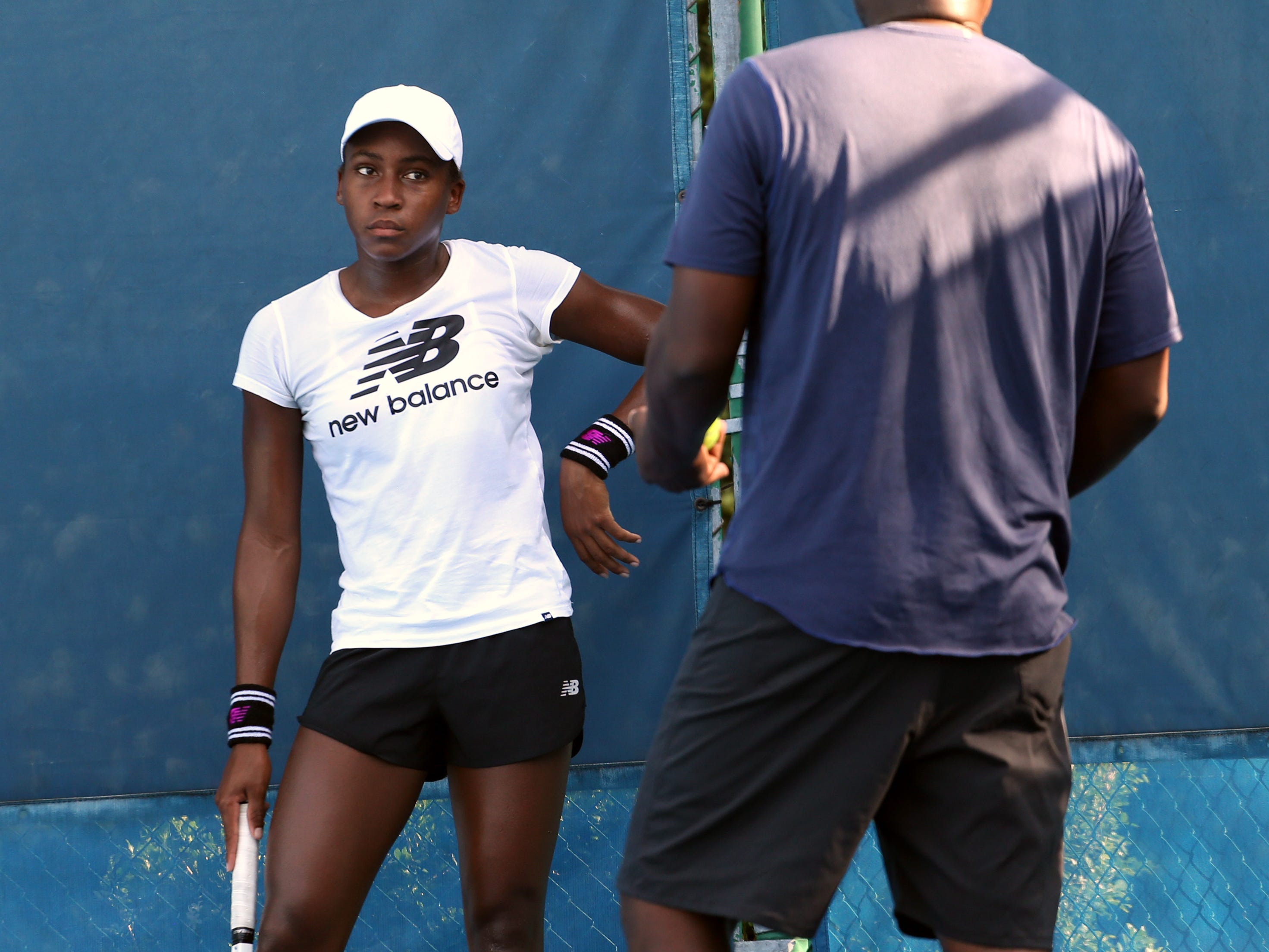 Coco Gauff works out and films a commercial for HEAD at the Delray Beach Tennis Center.