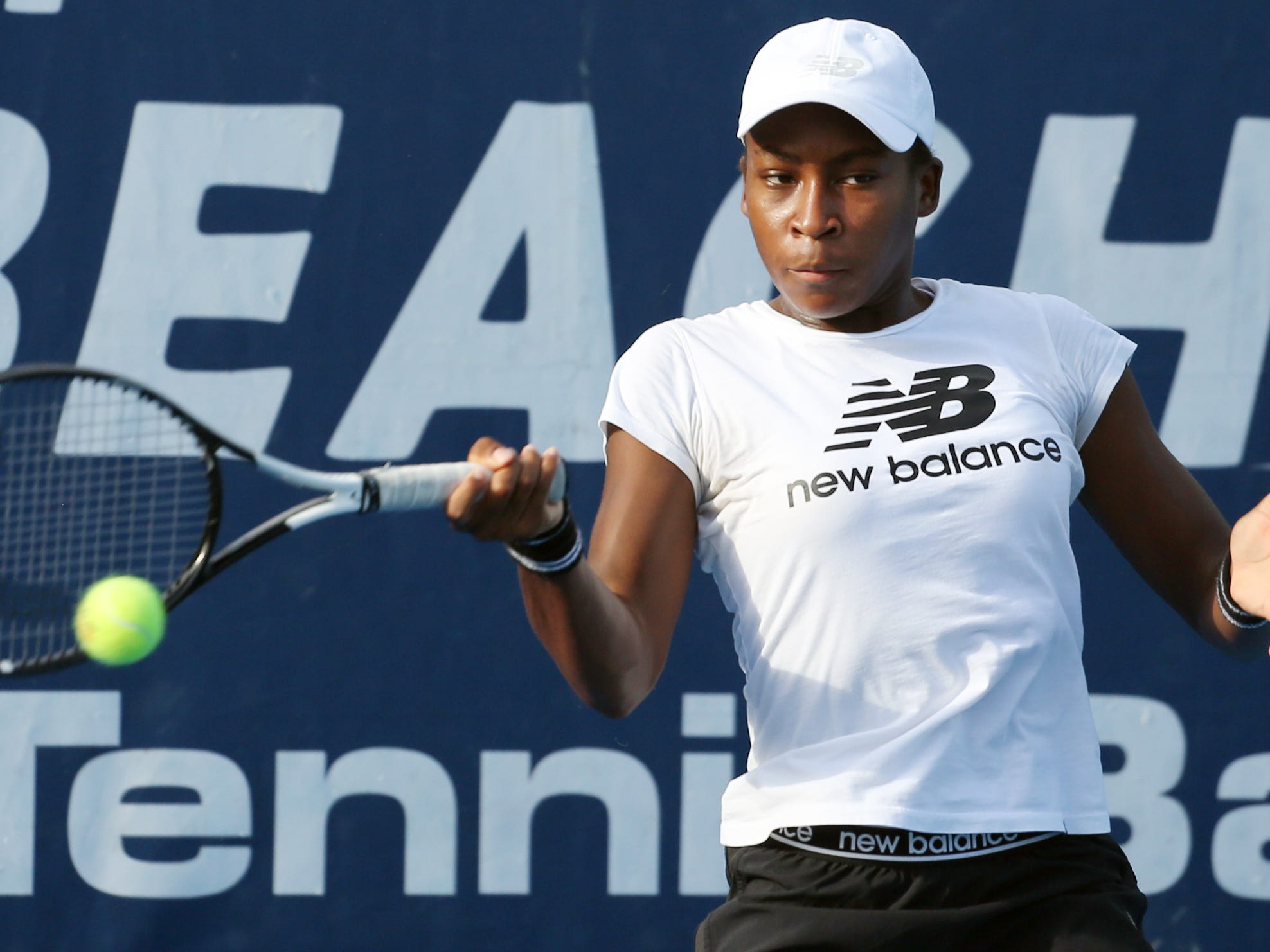 Coco Gauff works out and films a commercial for HEAD at the Delray Beach Tennis Center.