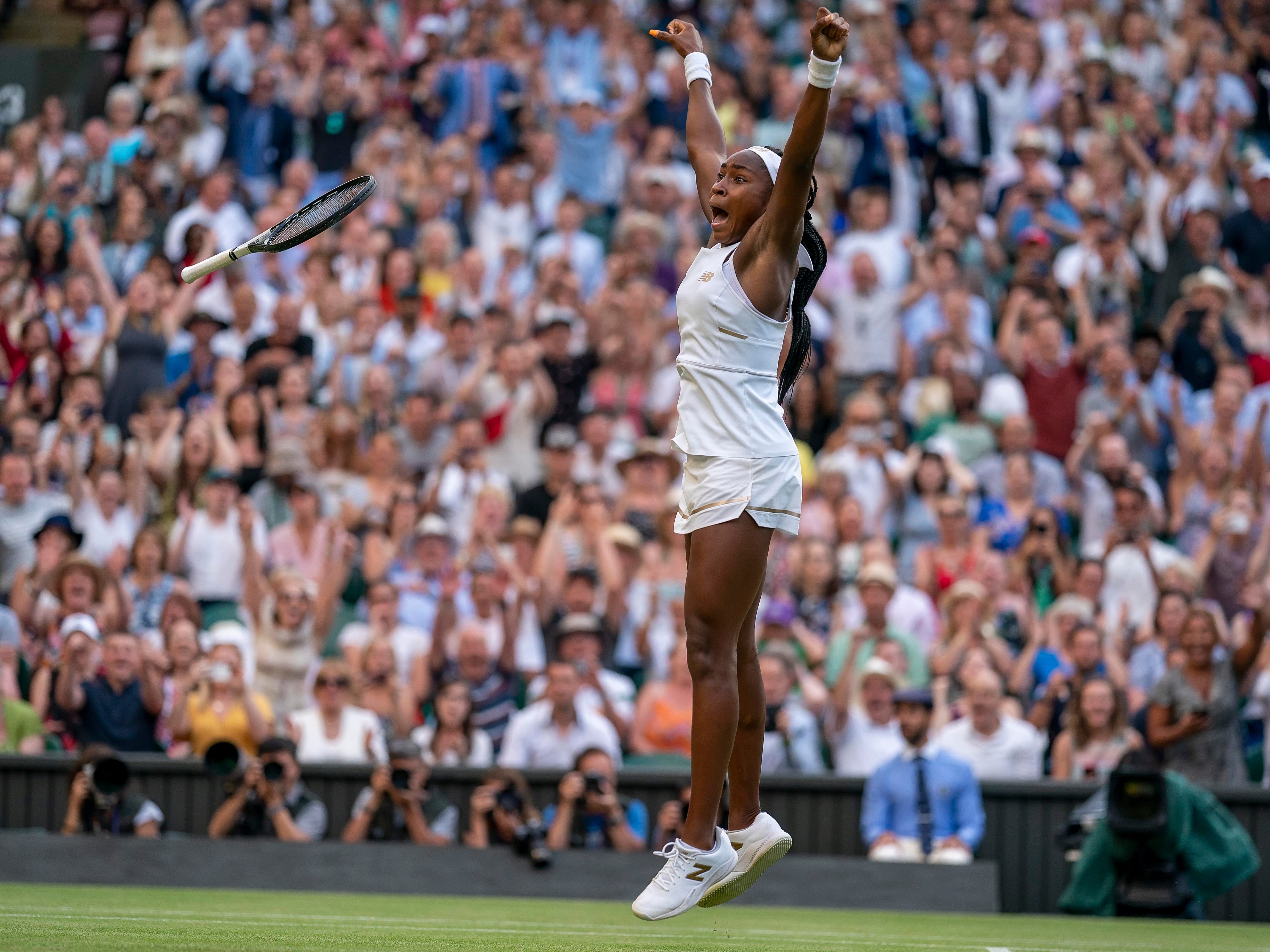 Coco Gauff celebrates match point against Polona Hercog during the third round of Wimbledon in 2019.