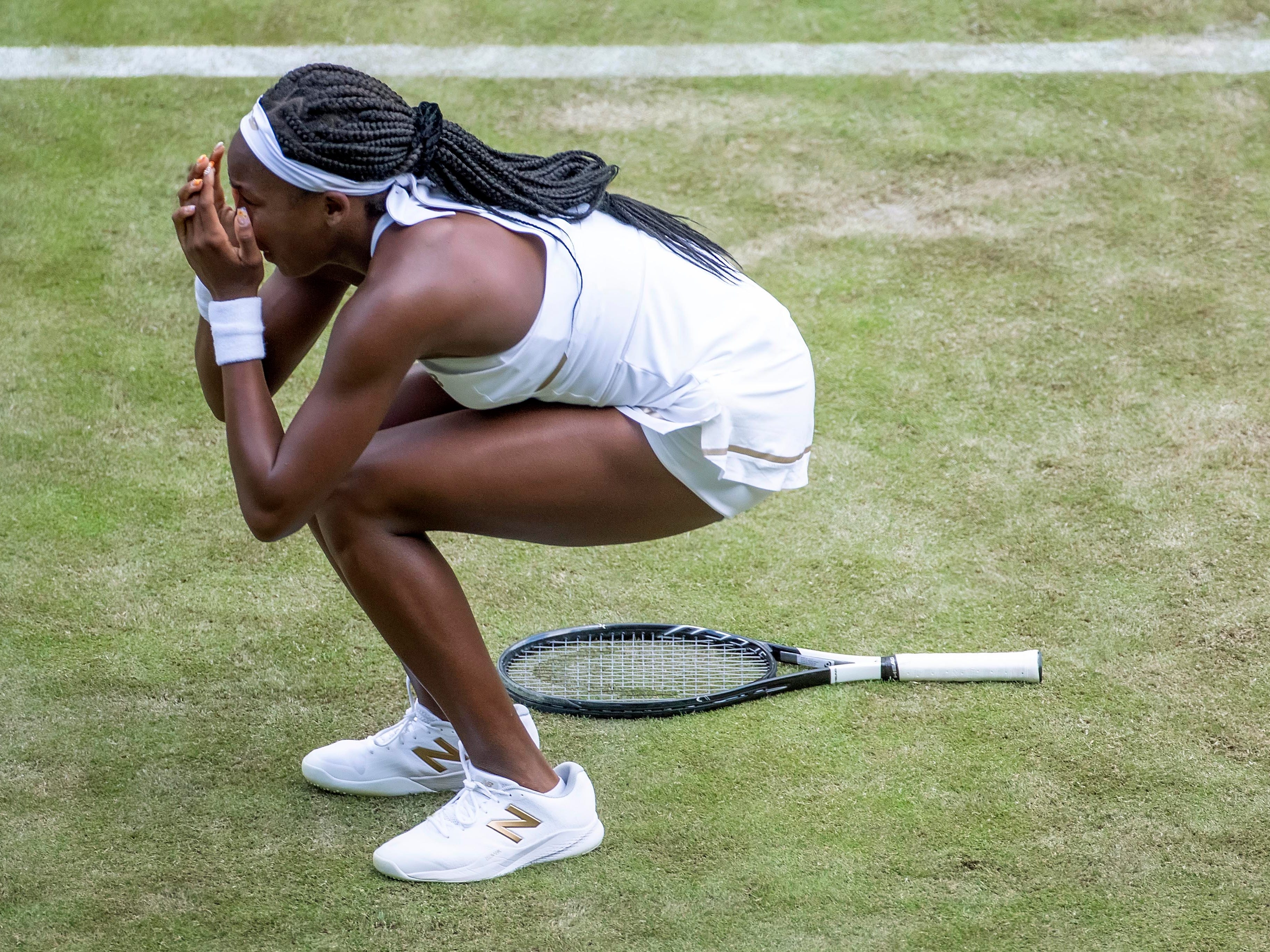 Coco Gauff celebrates match point in against Venus Williams in the first round at Wimbledon in 2019.