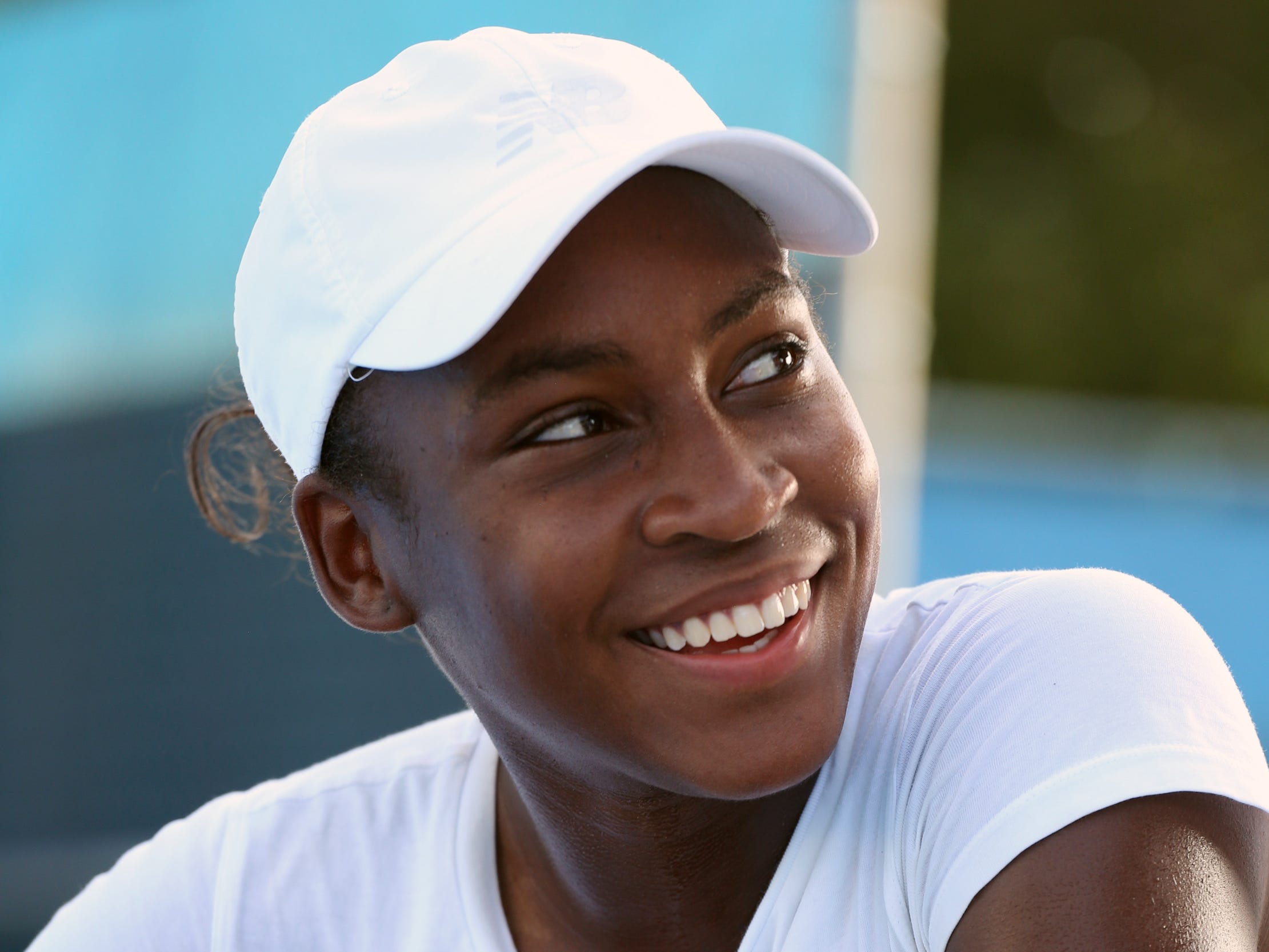 Coco Gauff works out and films a commercial for HEAD at the Delray Beach Tennis Center.