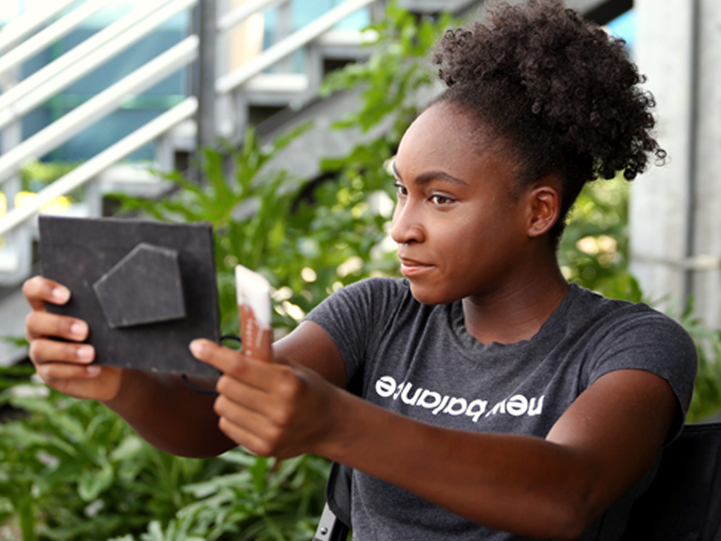 Coco Gauff works out and films a commercial for HEAD at the Delray Beach Tennis Center.