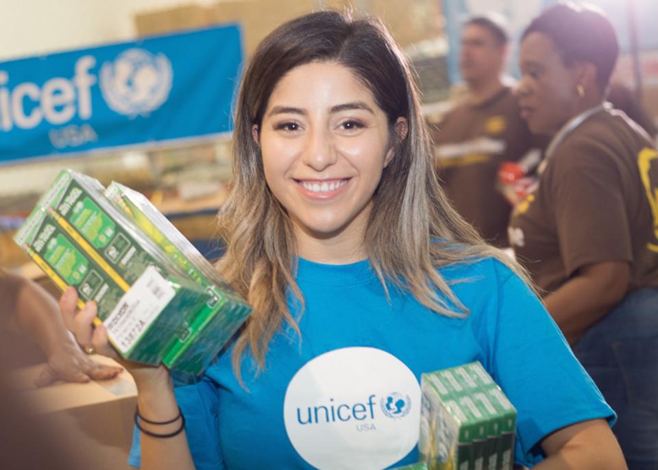 Houston teacher Jackie Garcia, a UNICEF volunteer since 2010, helped prepare kits full of educational supplies for children and teachers in the Houston area after Hurricane Harvey.