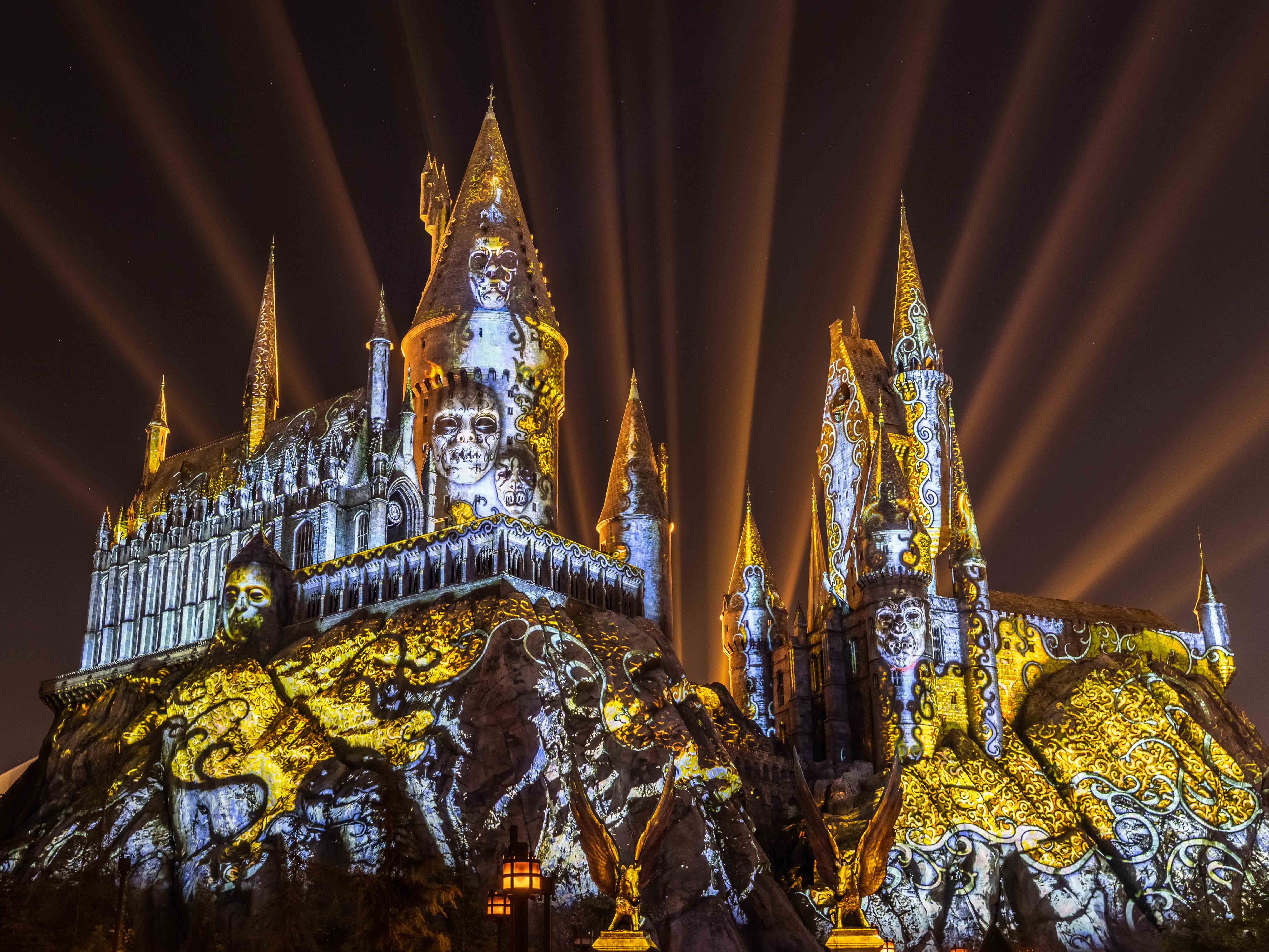 The Dark Arts at Hogwarts Castle Light Projection Show at Universal Studios Hollywood.