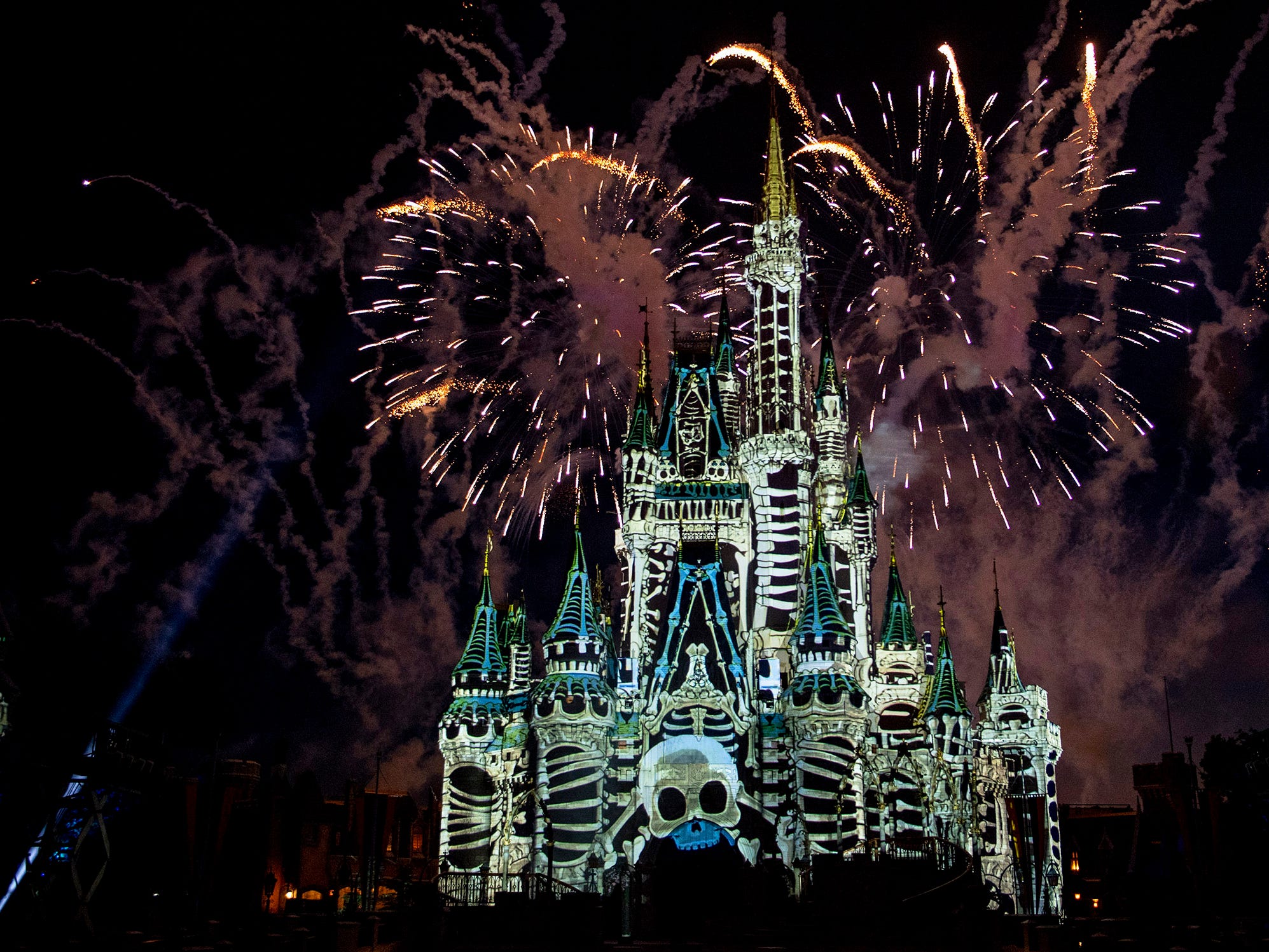 Disney’s Not So Spooky Spectacular Fireworks- David Roark, Disney. At Walt Disney World’s Magic Kingdom The new “Disney’s Not So Spooky Spectacular” at Magic Kingdom Park invites guests to embark on a hair-raising Halloween adventure with Mickey Mouse, Minnie Mouse, Goofy and Donald Duck. With Jack Skellington from Tim Burton’s “The Nightmare Before Christmas” as host, this spellbinding display of state-of-the-art projection effects, lasers, lighting and dazzling fireworks will delight guests during Mickey’s Not-So-Scary Halloween Party, a separately ticketed event held on select nights Aug. 16-Nov. 1, 2019, at Walt Disney World Resort in Lake Buena Vista, Fla. (David Roark, photographer)