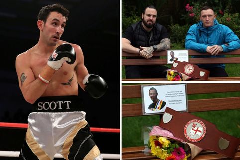 Scott Wesgarth (left); Adam Westgarth with Dec Spelman (centre, top); The belt (centre, bottom); Scott's mum Rebecca Marshall (top right) and Adam Westgarth (bottom right)