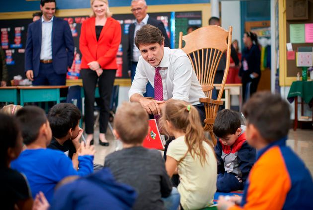 Liberal Leader Justin Trudeau reads a story to students at Blessed Sacrament Catholic Elementary School...