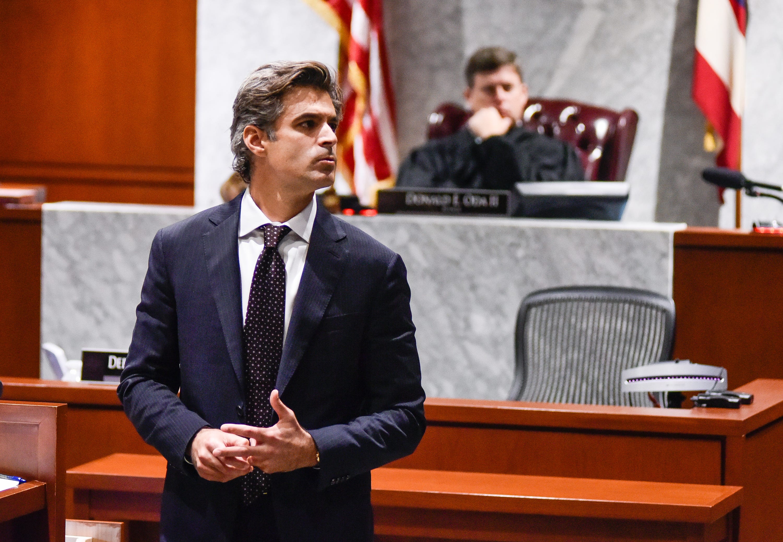 Defense attorney Charles M. Rittgers delivers his opening statement for the trial of Brooke "Skylar" Richardson in the Warren County Common Pleas Court Wednesday, September 4, 2019. The 20-year-old accused of killing and burying her baby in the backyard of her Carlisle home. Richardson is charged with aggravated murder, involuntary manslaughter, gross abuse of a corpse, tampering with evidence and child endangerment in the death of her newborn infant. She faces the possibility of life in prison.