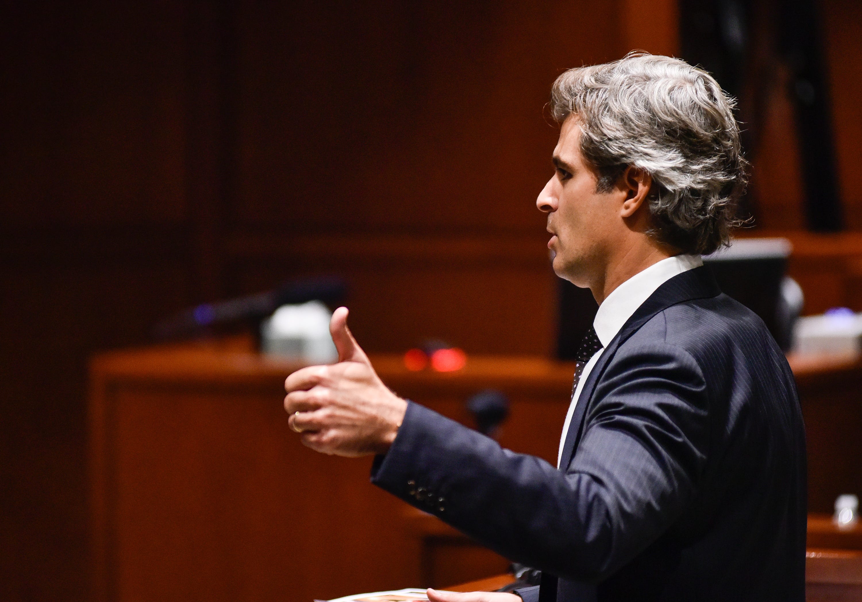 Defense attorney Charles M. Rittgers delivers his opening statement for the trial of Brooke "Skylar" Richardson in the Warren County Common Pleas Court Wednesday, September 4, 2019. The 20-year-old accused of killing and burying her baby in the backyard of her Carlisle home. Richardson is charged with aggravated murder, involuntary manslaughter, gross abuse of a corpse, tampering with evidence and child endangerment in the death of her newborn infant. She faces the possibility of life in prison.