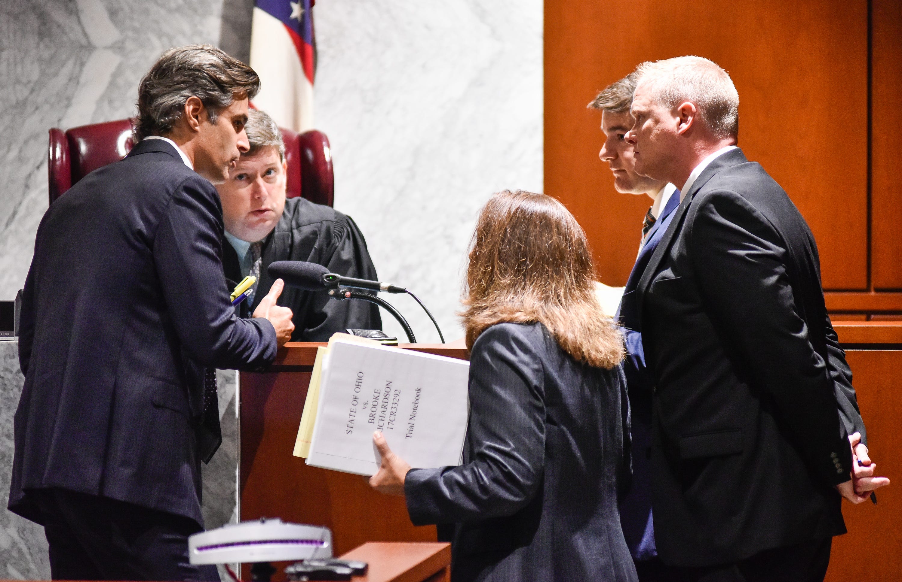 Judge Donald Oda II has a sidebar with prosecution and defense attorneys during the trial for Brooke "Skylar" Richardson in the Warren County Common Pleas Court Wednesday, September 4, 2019. The 20-year-old is accused of killing and burying her baby in the backyard of her Carlisle home. Richardson is charged with aggravated murder, involuntary manslaughter, gross abuse of a corpse, tampering with evidence and child endangerment in the death of her newborn infant. She faces the possibility of life in prison.