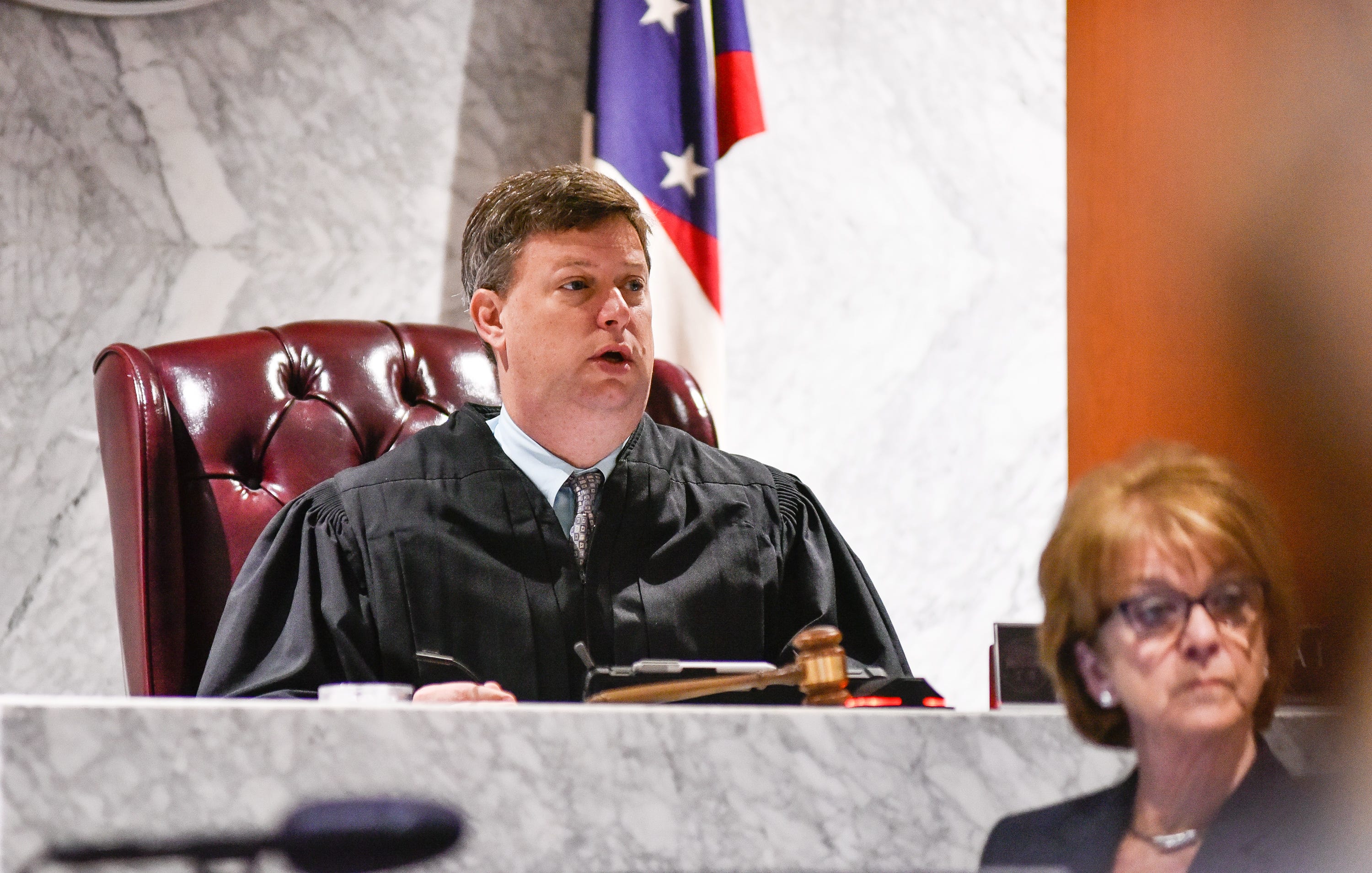 Judge Donald Oda II looks out over the courtroom during the trial for Brooke "Skylar" Richardson in the Warren County Courthouse Wednesday, September 4, 2019. The 20-year-old is accused of killing and burying her baby in the backyard of her Carlisle home. Richardson is charged with aggravated murder, involuntary manslaughter, gross abuse of a corpse, tampering with evidence and child endangerment in the death of her newborn infant. She faces the possibility of life in prison.