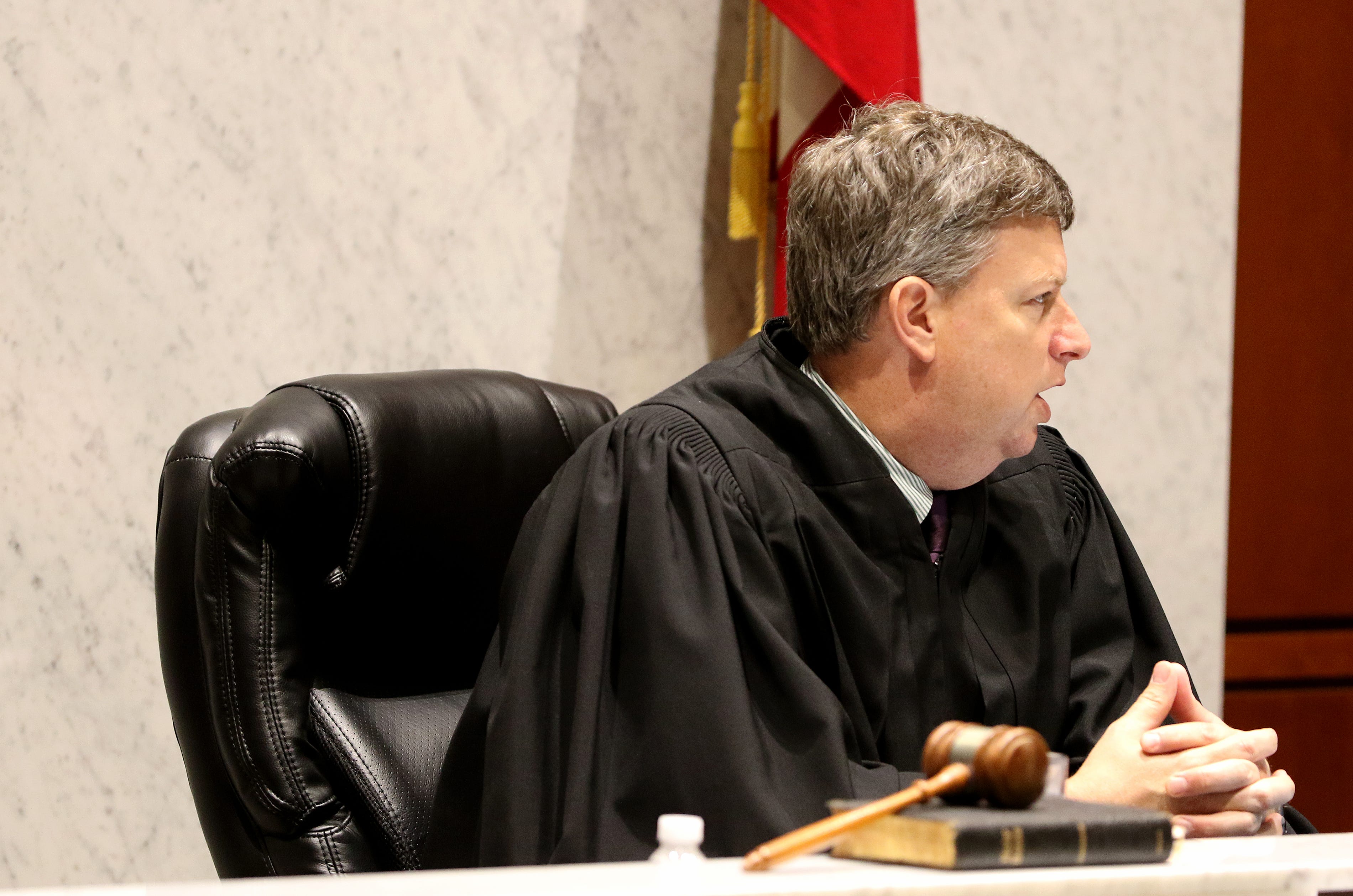 Judge Donald Oda II speaks with potential jurors in the Brooke "Skylar" Richardson trial at the Warren County Courthouse Tuesday, September 2, 2019. Richardson, 20, is accused of killing and burying her baby in the backyard of her Carlisle home. Richardson is charged with aggravated murder, involuntary manslaughter, gross abuse of a corpse, tampering with evidence and child endangerment in the death of her newborn infant.