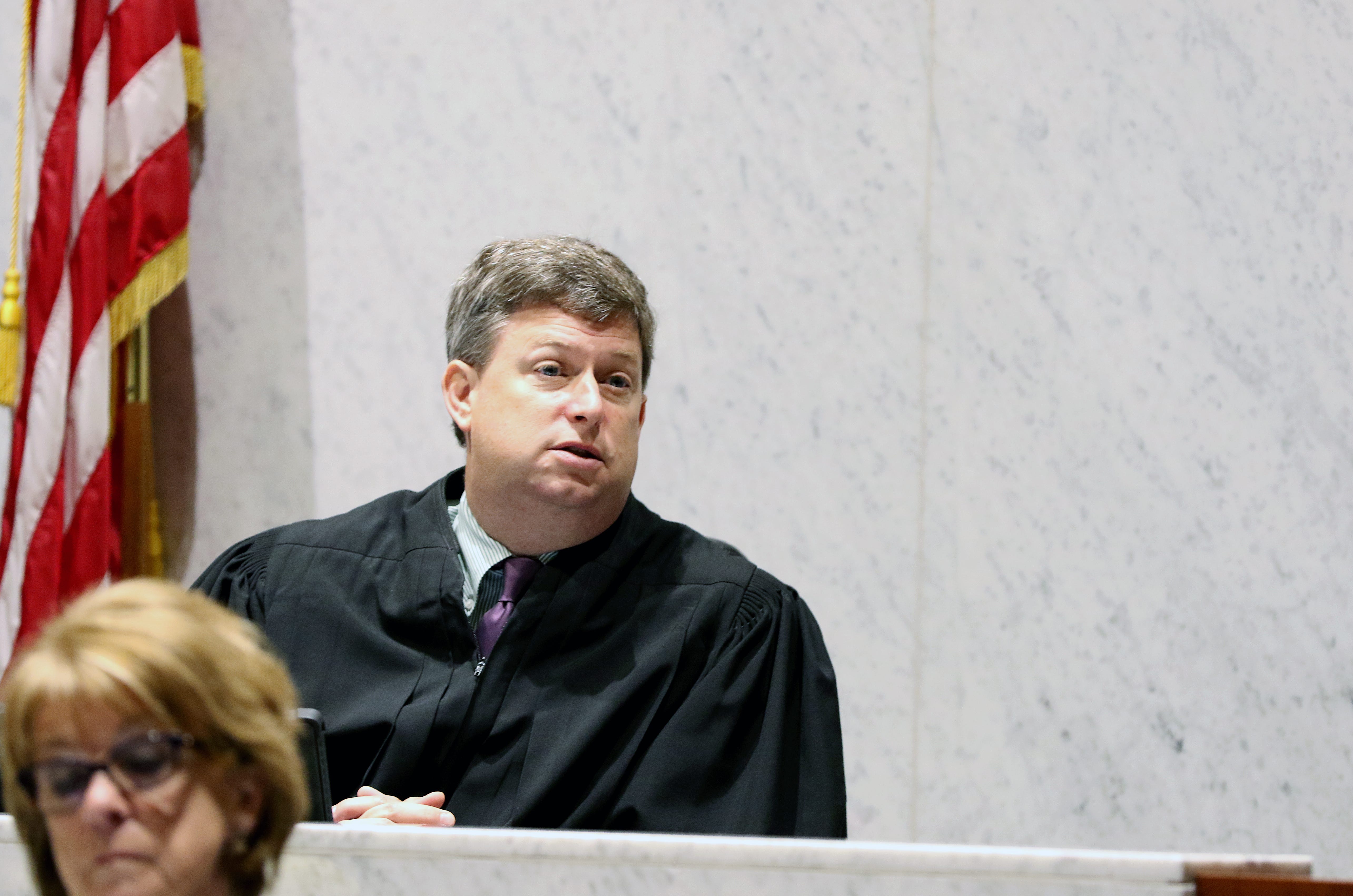 Judge Donald Oda II speaks with potential jurors in the Brooke "Skylar" Richardson trial at the Warren County Courthouse Tuesday, September 2, 2019. Richardson, 20, is accused of killing and burying her baby in the backyard of her Carlisle home. Richardson is charged with aggravated murder, involuntary manslaughter, gross abuse of a corpse, tampering with evidence and child endangerment in the death of her newborn infant
