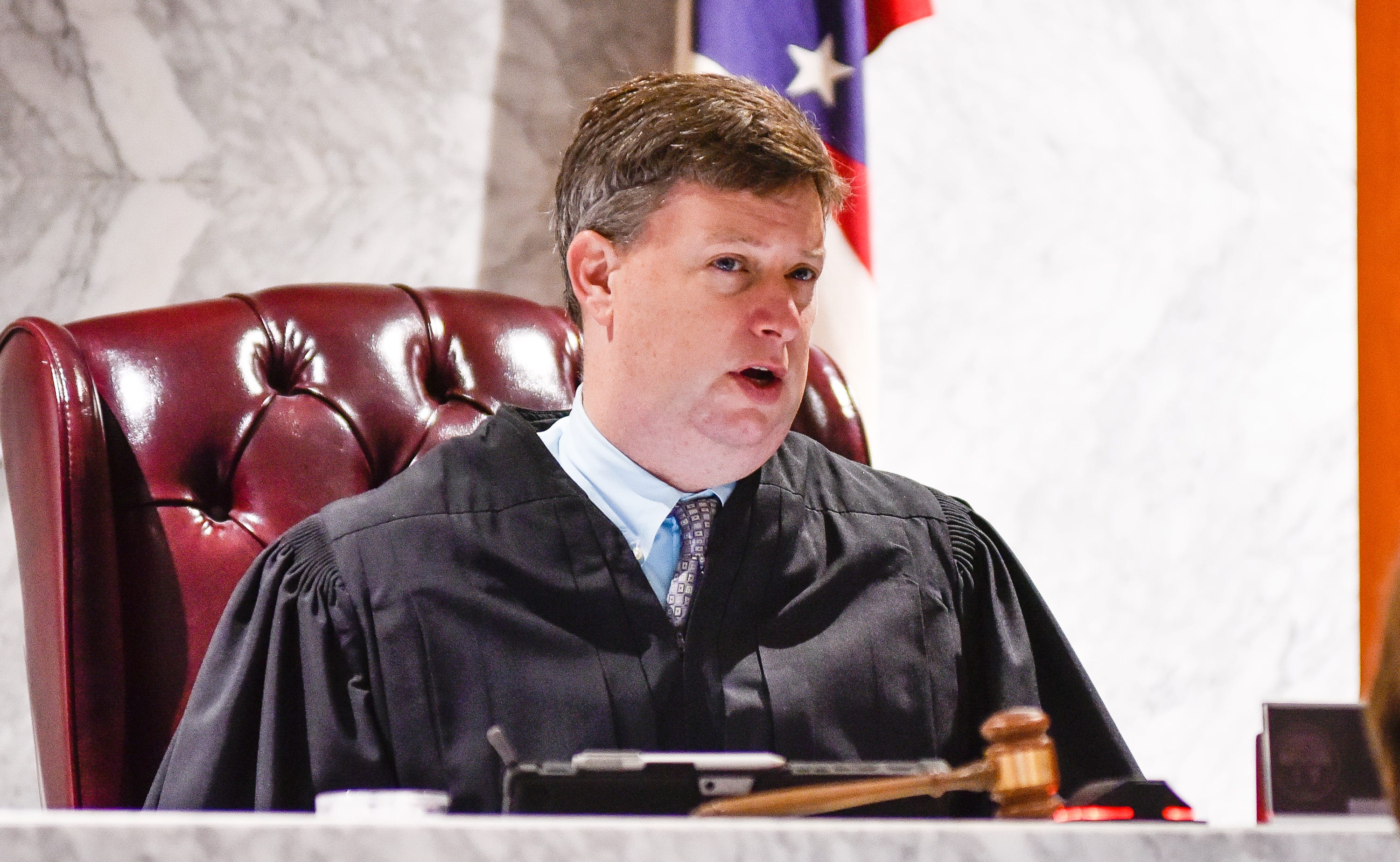 Judge Donald Oda II looks out over the courtroom during the trial for Brooke "Skylar" Richardson in the Warren County Courthouse Wednesday, September 4, 2019. The 20-year-old is accused of killing and burying her baby in the backyard of her Carlisle home. Richardson is charged with aggravated murder, involuntary manslaughter, gross abuse of a corpse, tampering with evidence and child endangerment in the death of her newborn infant. She faces the possibility of life in prison.