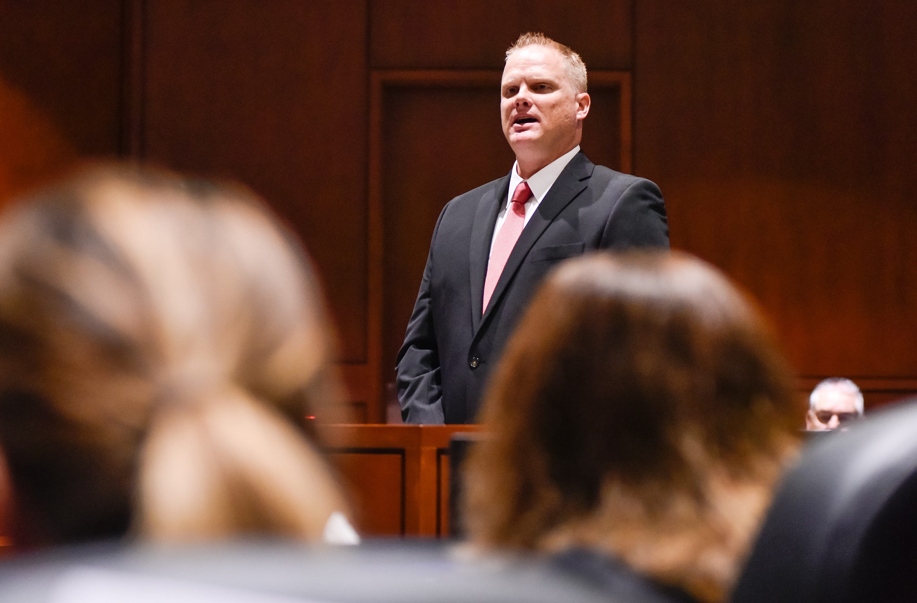 Assistant Warren County Prosecutor Steven Knippen delivers his opening statement in the trial for Brooke "Skylar" Richardson in the Warren County Courthouse Wednesday, September 4, 2019. The 20-year-old is accused of killing and burying her baby in the backyard of her Carlisle home. Richardson is charged with aggravated murder, involuntary manslaughter, gross abuse of a corpse, tampering with evidence and child endangerment in the death of her newborn infant. She faces the possibility of life in prison.