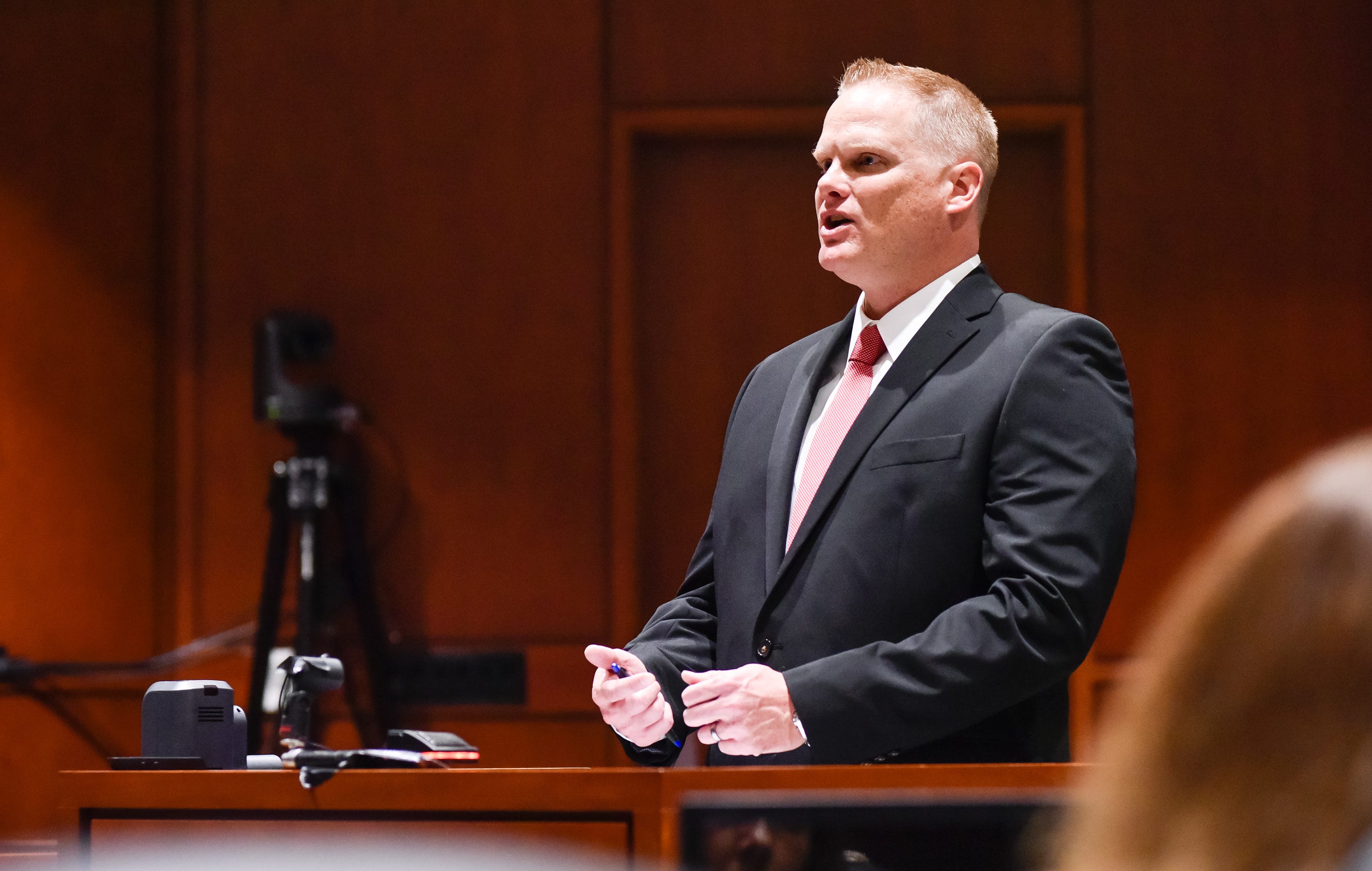 Assistant Warren County Prosecutor Steven Knippen delivers his opening statement in the trial for Brooke "Skylar" Richardson in the Warren County Courthouse Wednesday, September 4, 2019. The 20-year-old is accused of killing and burying her baby in the backyard of her Carlisle home. Richardson is charged with aggravated murder, involuntary manslaughter, gross abuse of a corpse, tampering with evidence and child endangerment in the death of her newborn infant. She faces the possibility of life in prison.