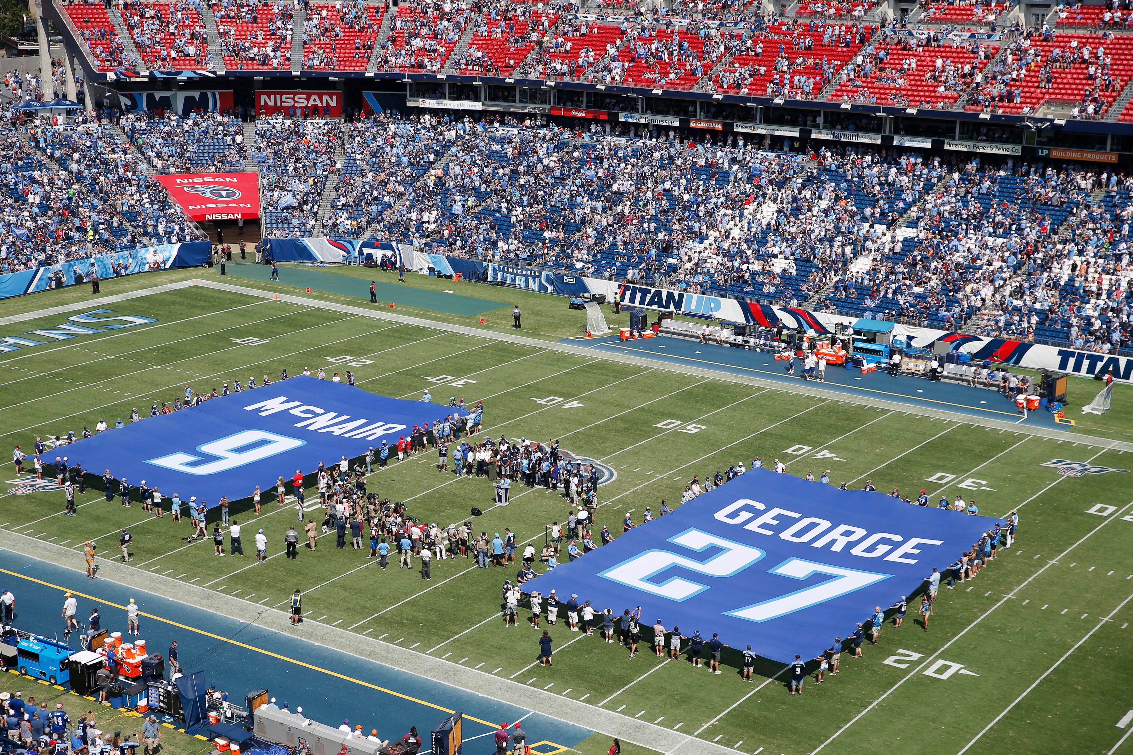 Halftime ceremonies to retire the jersey numbers of former Tennessee Titans stars Eddie George and Steve McNair at Nissan Stadium Sunday, Sept. 15, 2019 in Nashville, Tenn. 