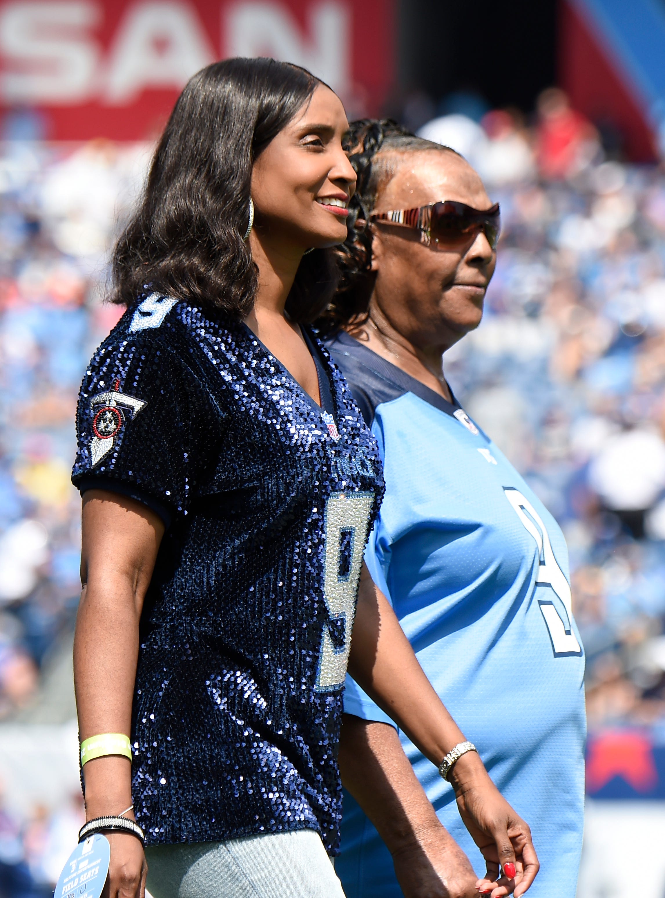 Mechelle and Lucille McNair, widow and mother of the late Titans star Steve McNair, at the halftime ceremony to retire his jersey number at Nissan Stadium Sunday, Sept. 15, 2019 in Nashville, Tenn. 
