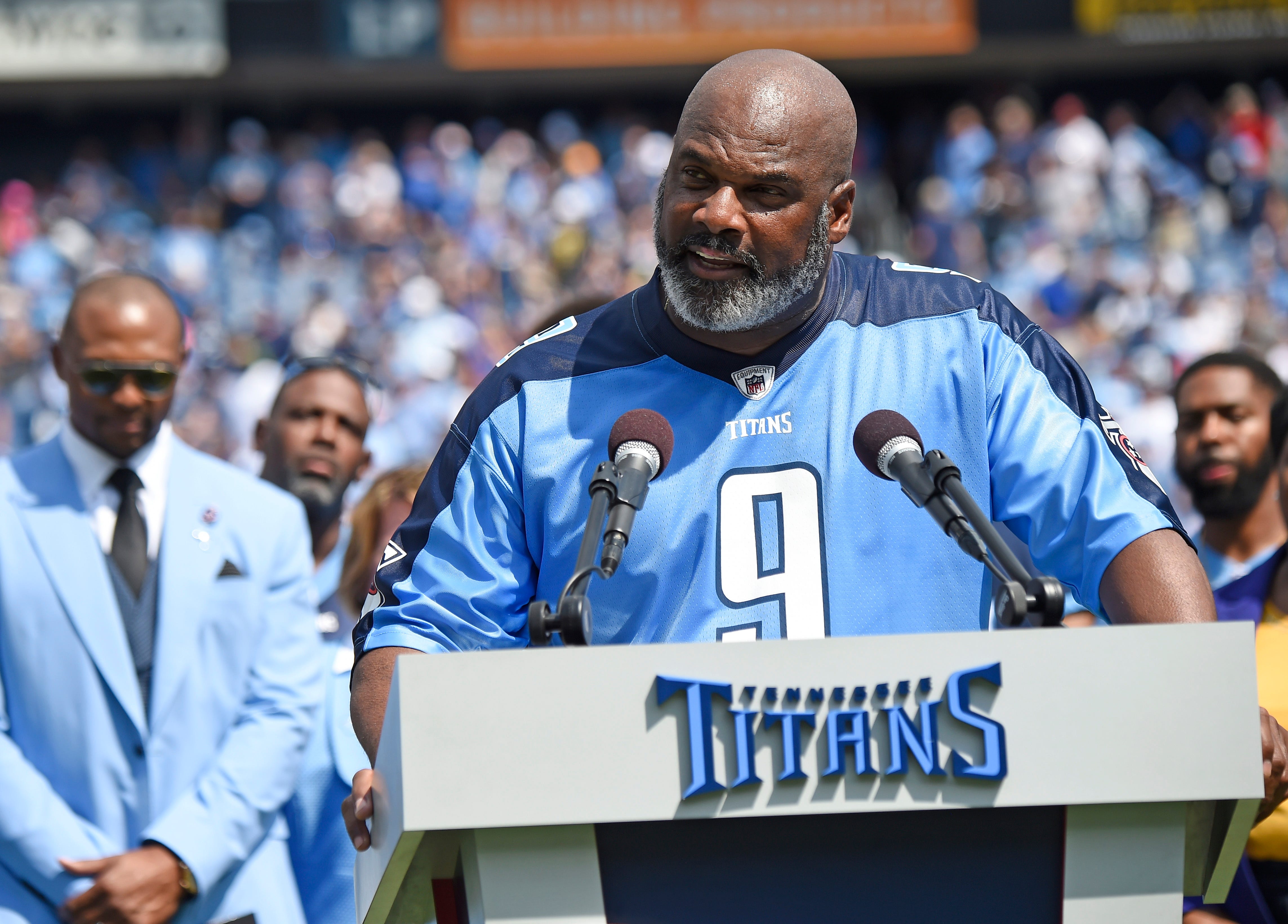 Fred McNair, brother of late Titans star Steve McNair, speaks during the halftime ceremony at Nissan Stadium Sunday, Sept. 15, 2019 in Nashville, Tenn. 