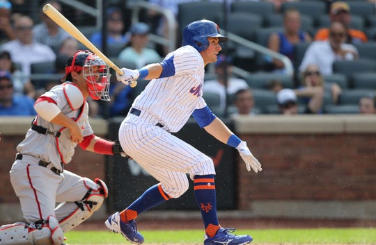 Joe Panik, of the Mets, connected but was unable to make it safely to first base at this at bat. Panik went 1 for 3 on Sunday. Sunday, August 11, 2019