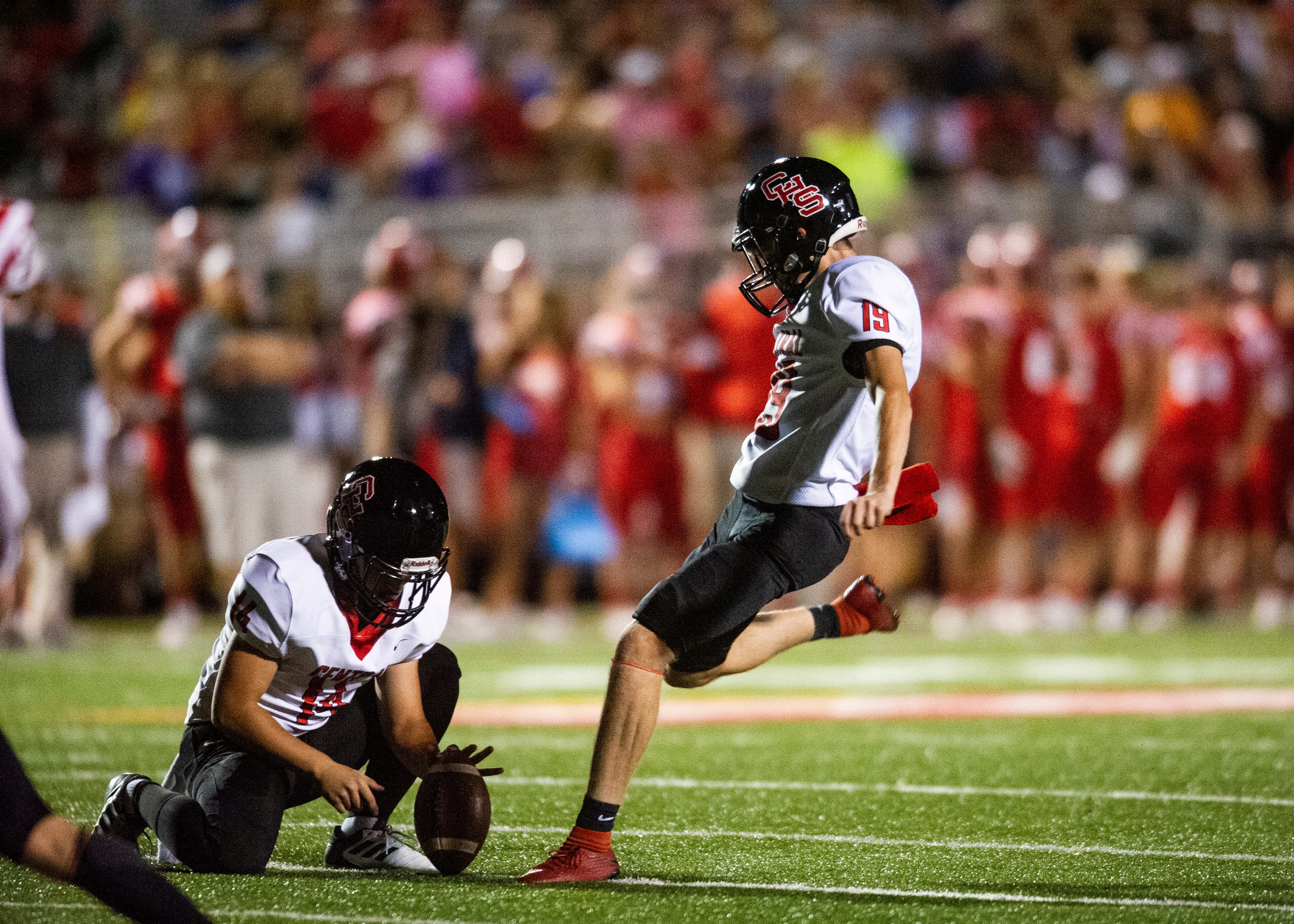 Central's Jarred Swislosky (19) prepares to kick the ball during the Halls and Central high school football game on Friday, October 4, 2019 at Halls High School.
