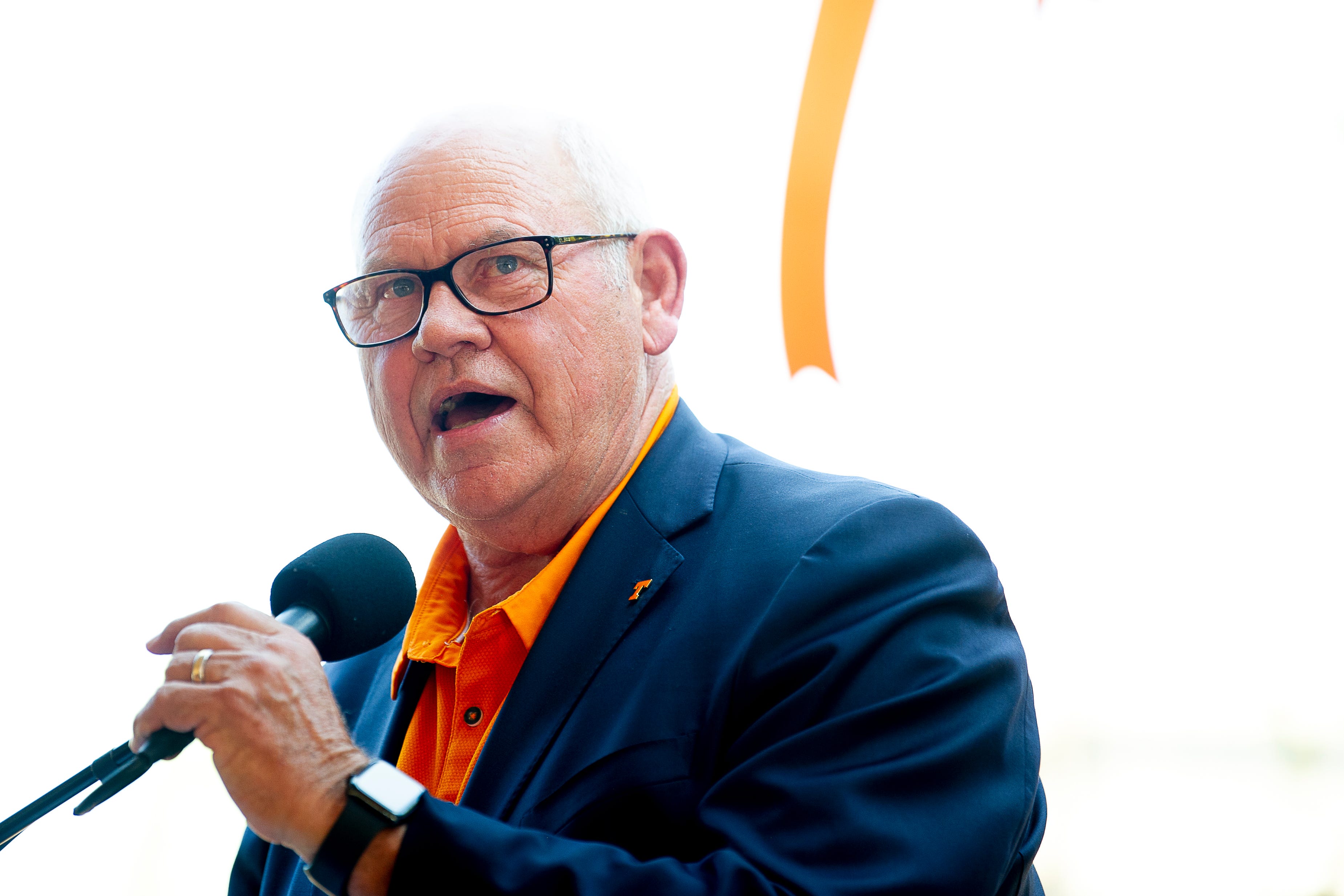 Tennessee Athletic Director Phillip Fulmer speaks during a dedication ceremony of the Doug Dickey Hall of Fame Plaza at the Neyland-Thompson Sports Complex in Knoxville, Tennessee on Friday, October 4, 2019. Dickey led UT to its second SEC title in 1969 and served as the Vols' Director of Athletics from 1986 to 2003.