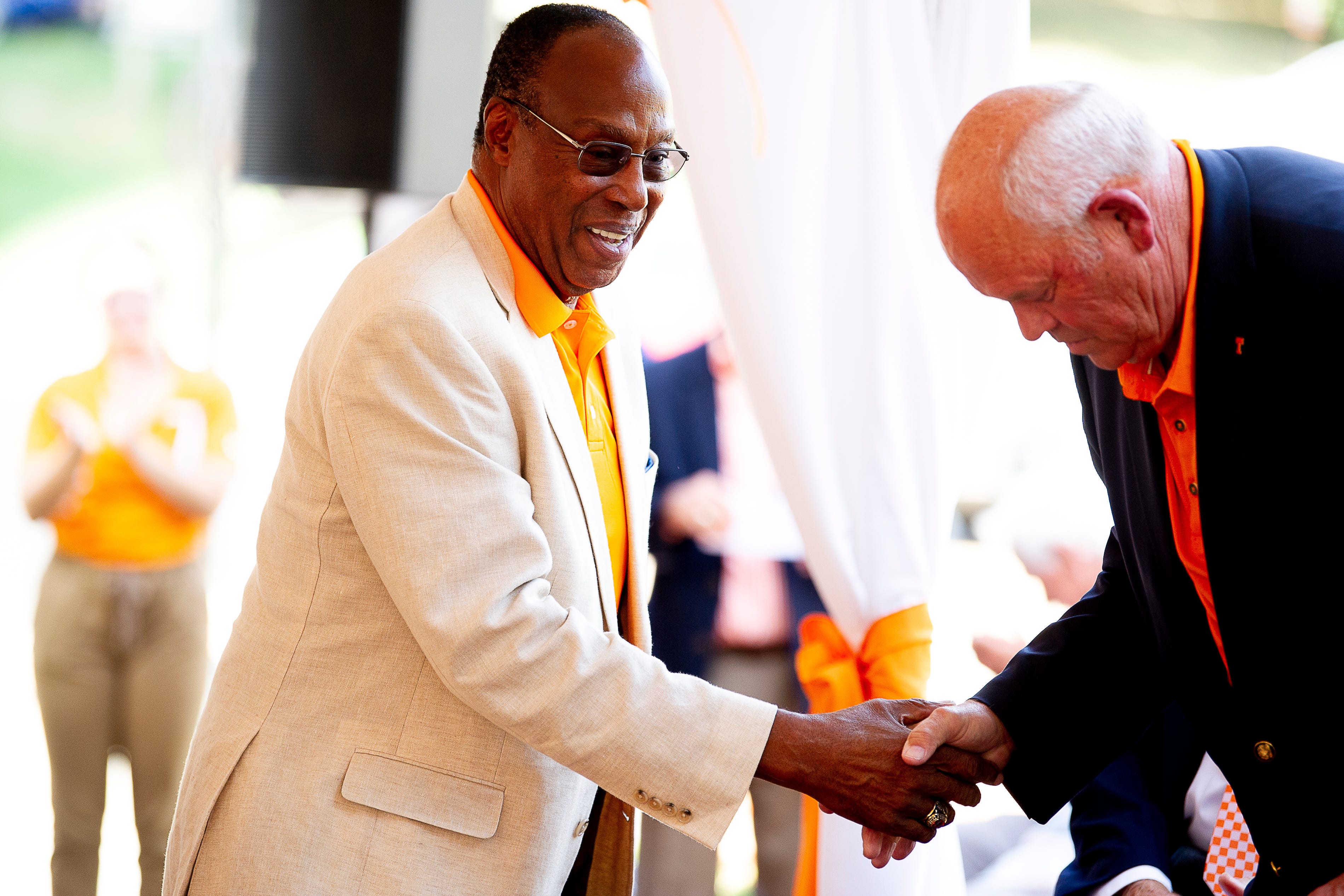 Former Tennessee football wide receiver and the first African American to play for the Vols Lester McClain is introduced during a dedication ceremony of the Doug Dickey Hall of Fame Plaza at the Neyland-Thompson Sports Complex in Knoxville, Tennessee on Friday, October 4, 2019. Dickey led UT to its second SEC title in 1969 and served as the Vols' Director of Athletics from 1986 to 2003.