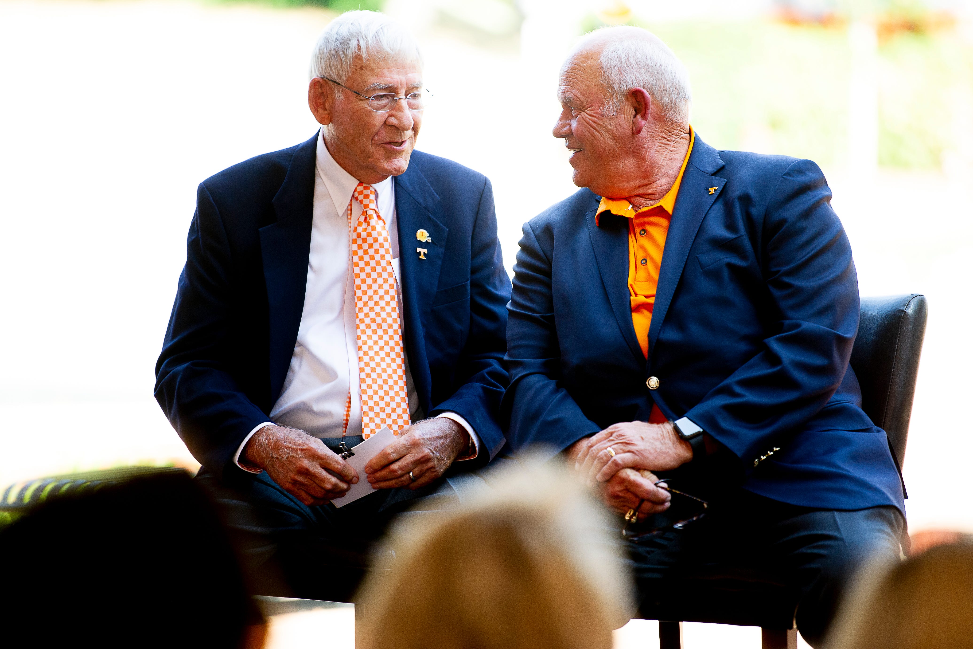 Former Tennessee coach and athletic director Doug Dickey and current athletic director and former coach Phillip Fulmer share a laugh during a dedication ceremony of the Doug Dickey Hall of Fame Plaza at the Neyland-Thompson Sports Complex in Knoxville, Tennessee on Friday, October 4, 2019. Dickey led UT to its second SEC title in 1969 and served as the Vols' Director of Athletics from 1986 to 2003.