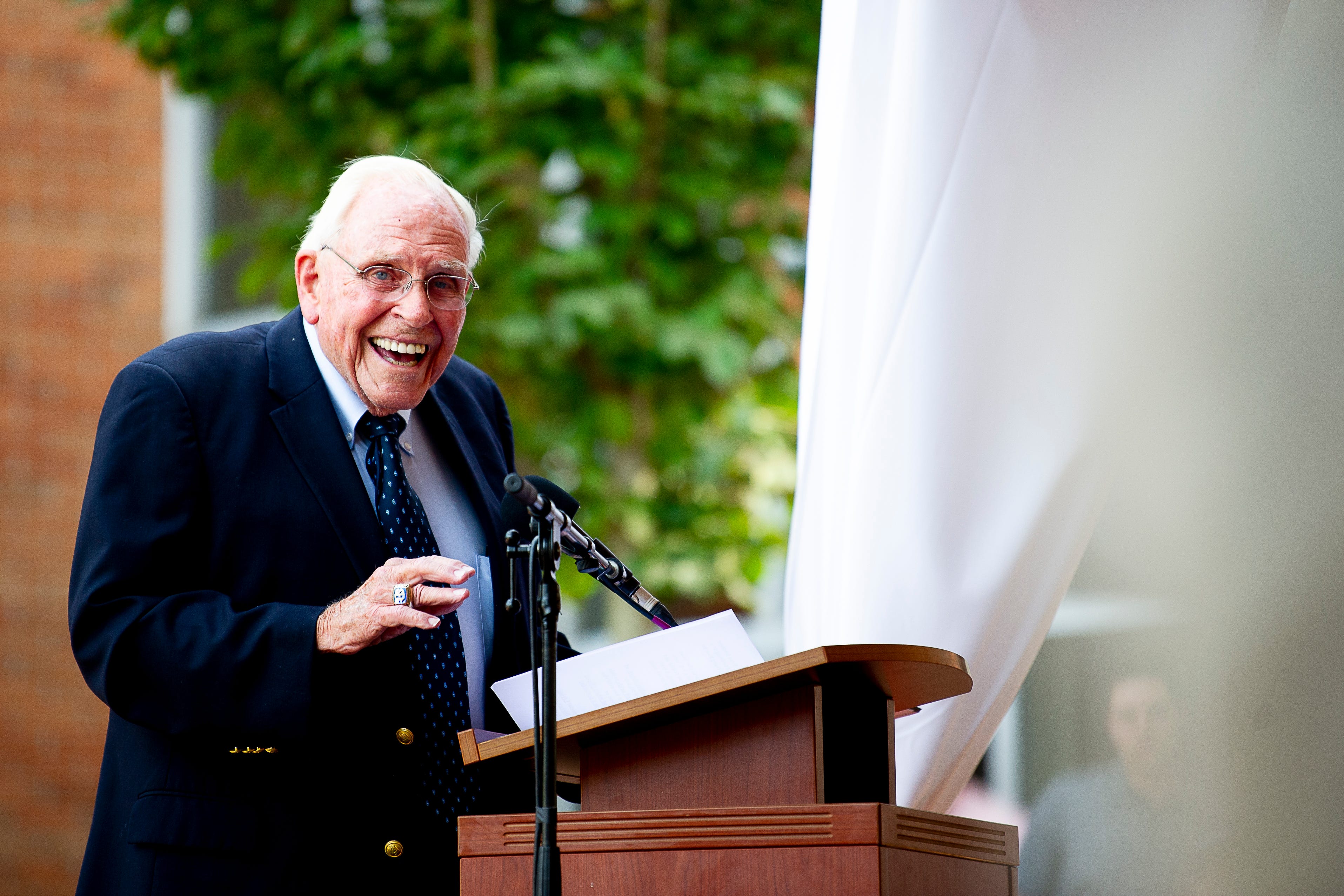 Former SEC commissioner Roy Kramer speaks during a dedication ceremony of the Doug Dickey Hall of Fame Plaza at the Neyland-Thompson Sports Complex in Knoxville, Tennessee on Friday, October 4, 2019. Dickey led UT to its second SEC title in 1969 and served as the Vols' Director of Athletics from 1986 to 2003.