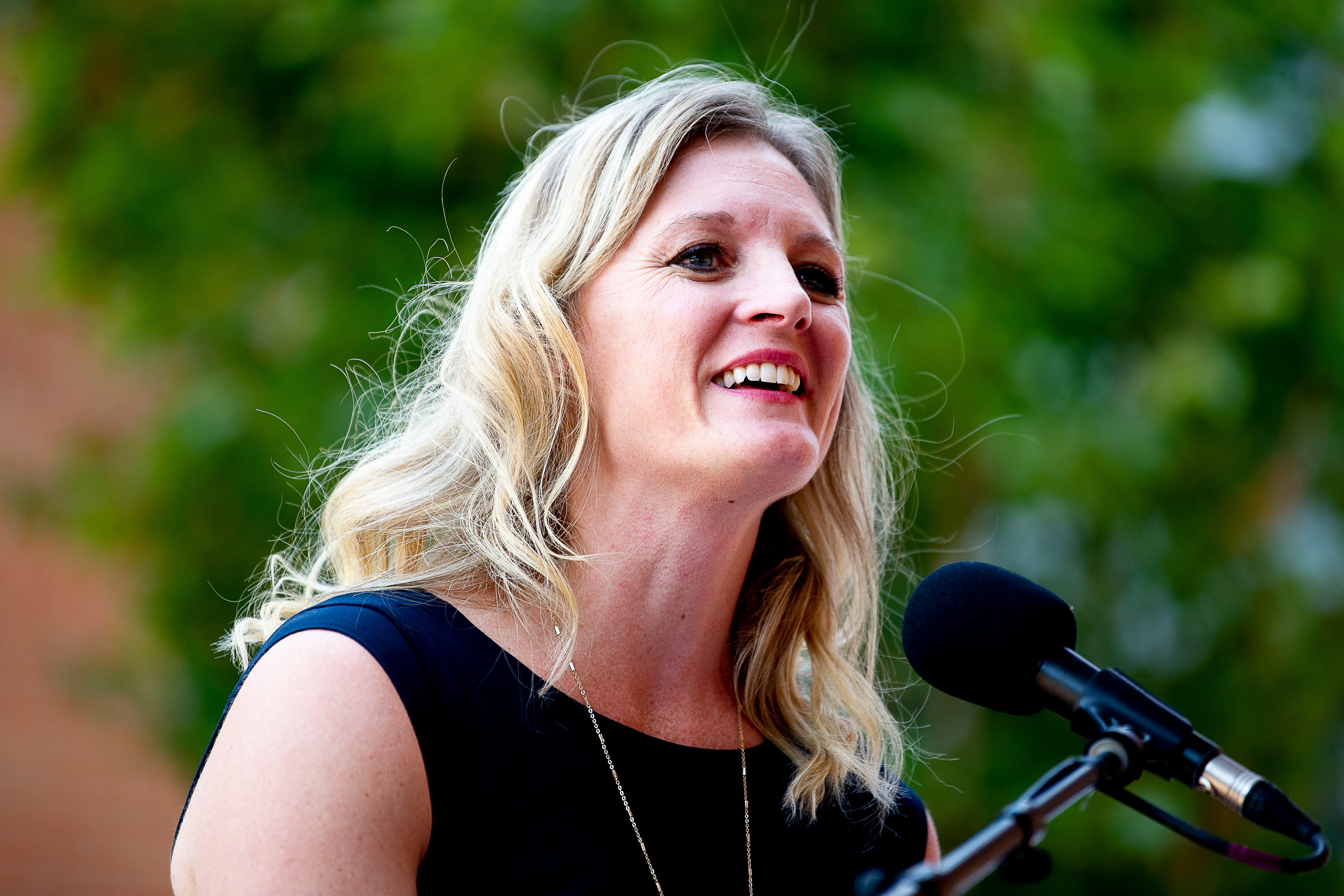 Tennessee Lady Vols coach Kellie Harper speaks during a dedication ceremony of the Doug Dickey Hall of Fame Plaza at the Neyland-Thompson Sports Complex in Knoxville, Tennessee on Friday, October 4, 2019. Dickey led UT to its second SEC title in 1969 and served as the Vols' Director of Athletics from 1986 to 2003.
