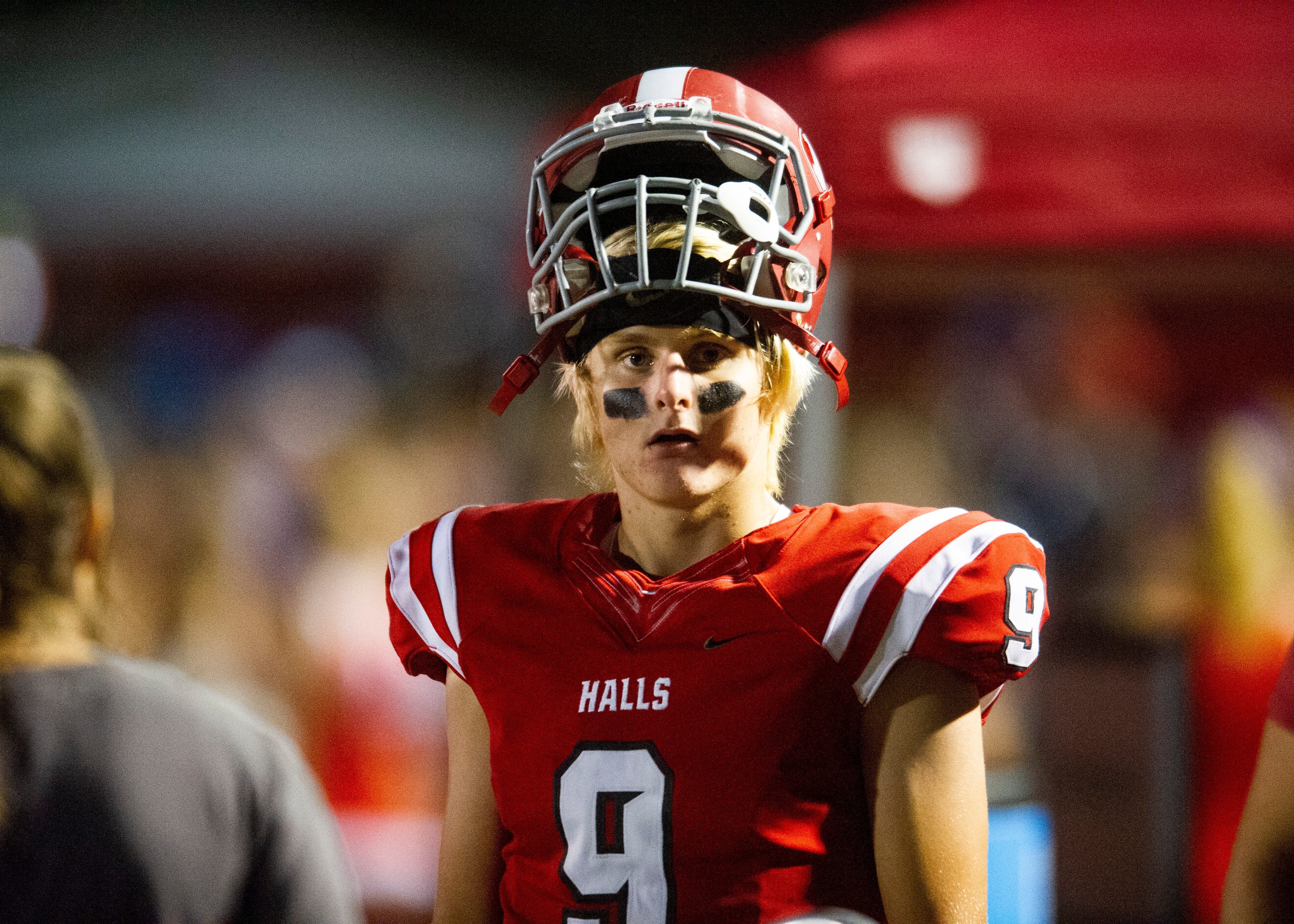 Halls' Simon Williams (9) on the sidelines during the Halls and Central high school football game on Friday, October 4, 2019 at Halls High School.