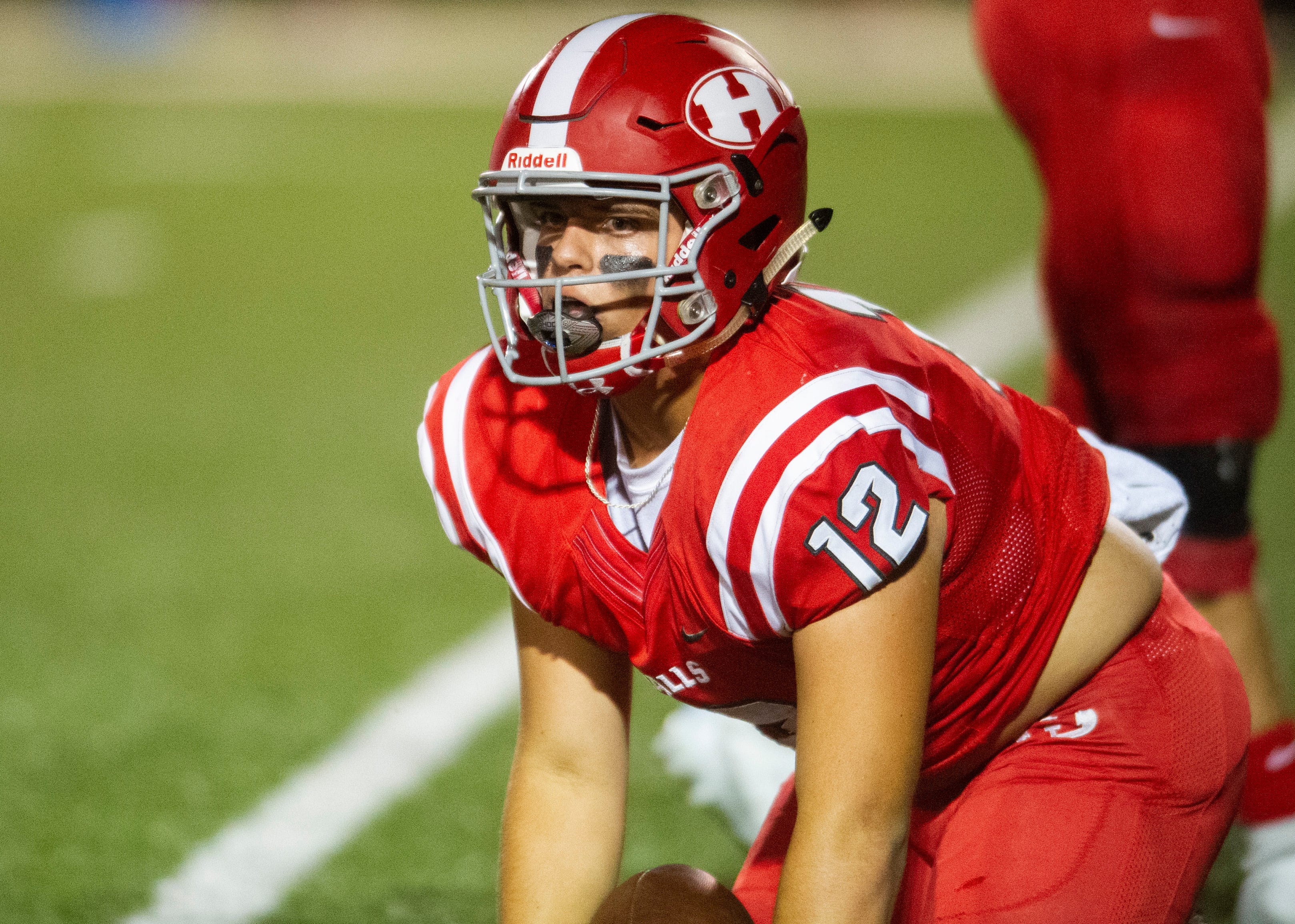 Halls' Ty Humphrey (12) after a play during the Halls and Central high school football game on Friday, October 4, 2019 at Halls High School.