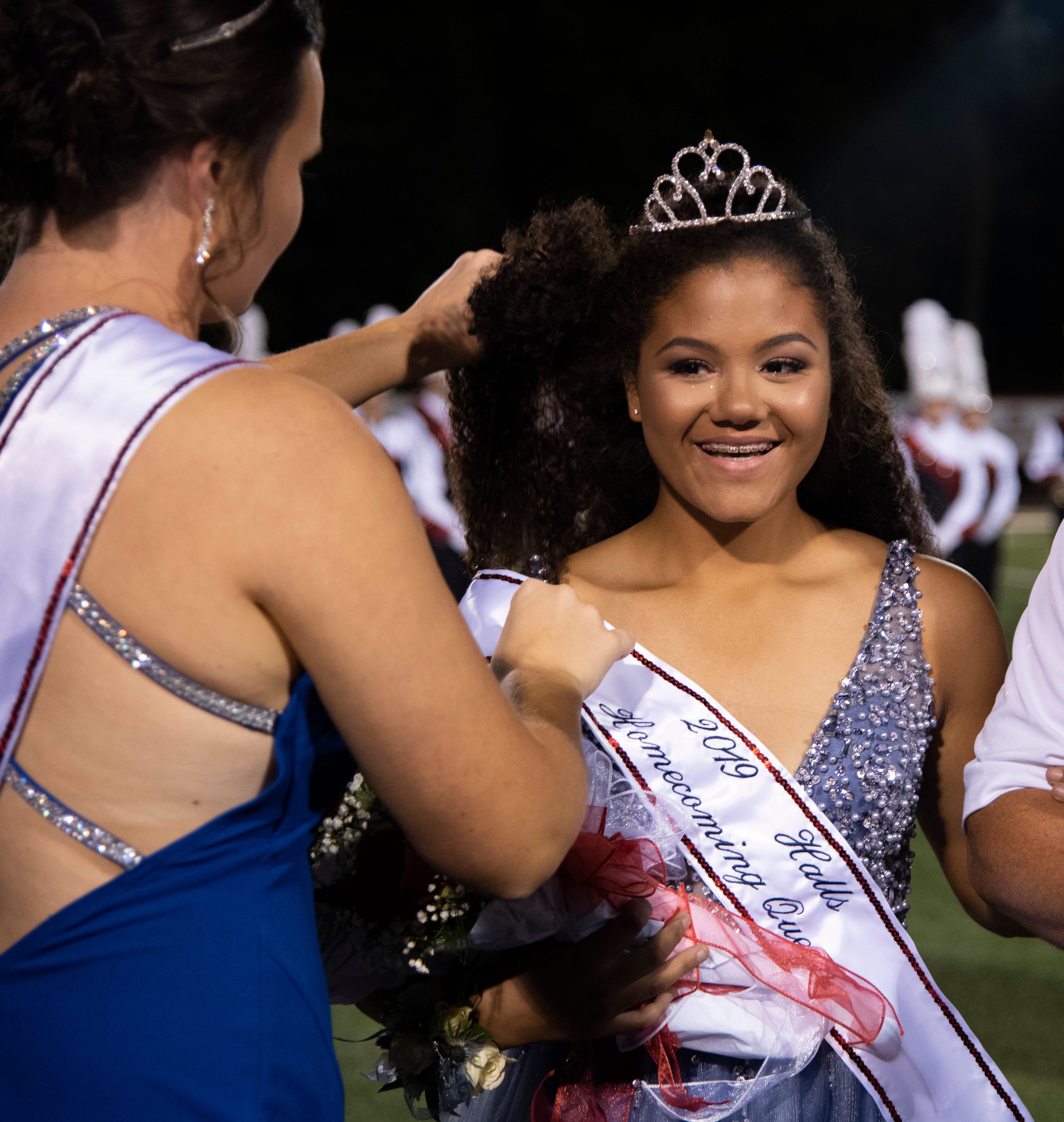 Brianna McMill receives homecoming queen the during the Halls and Central high school football game Friday, Oct. 4, 2019, at Halls High School.