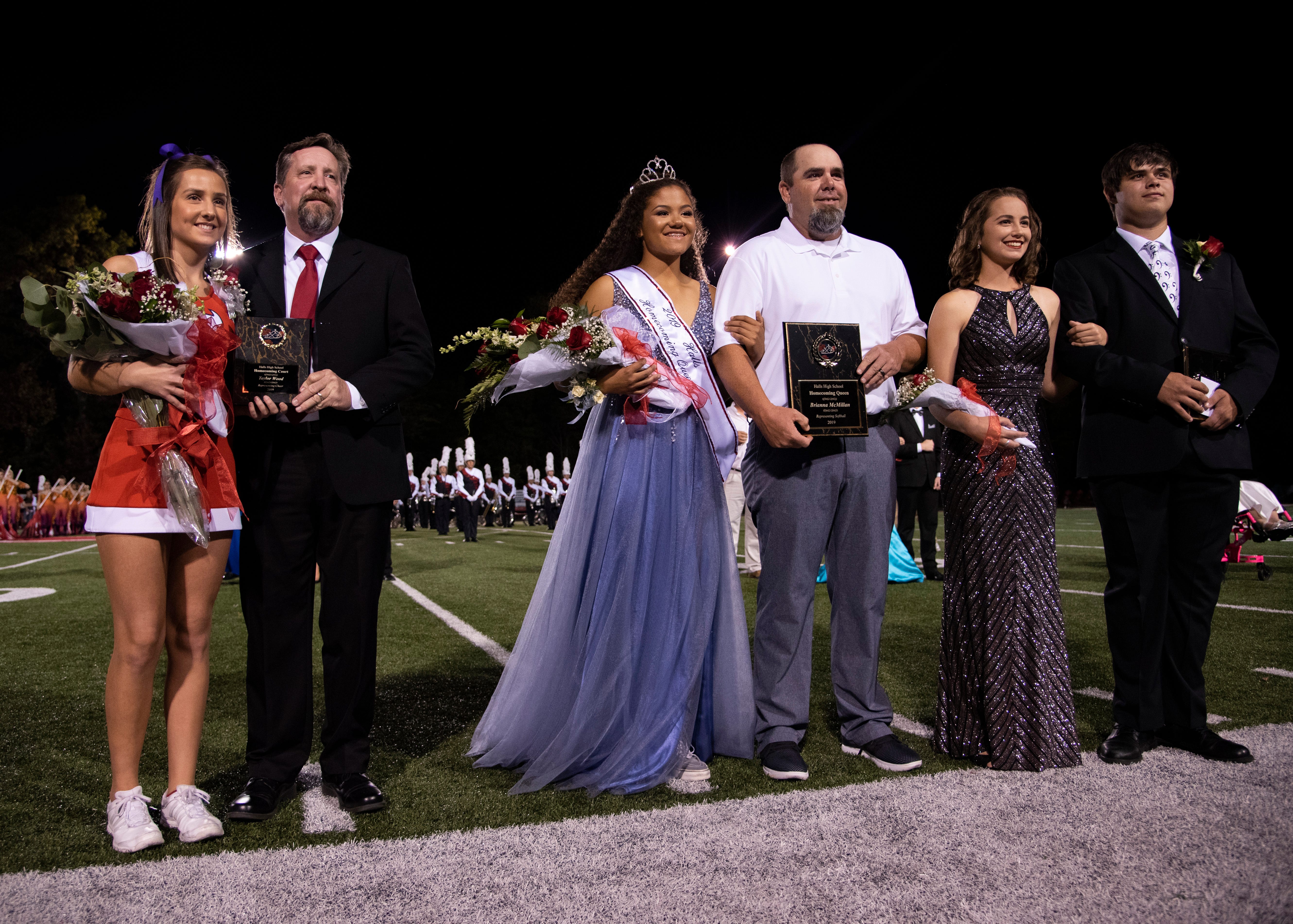 Halls homecoming court members during the Halls and Central high school football game Friday, Oct. 4, 2019, at Halls High School.
