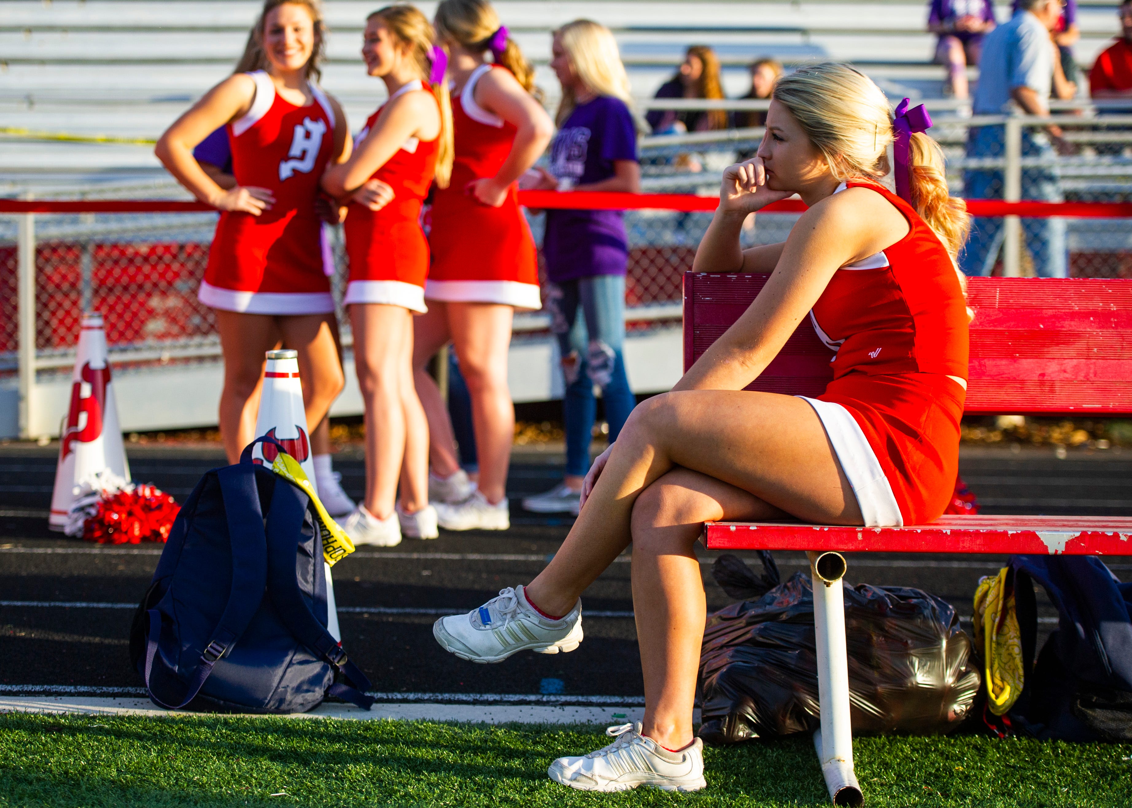 A Halls cheerleader before the Halls and Central high school football game on Friday, October 4, 2019 at Halls High School.