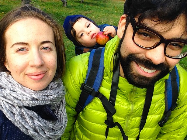 Hannah Springer, Hugo Corvera and Figaro exploring Westwind Orchard during their first Hudson Valley autumn. - COURTESY OF OLIVER WESTON CO.