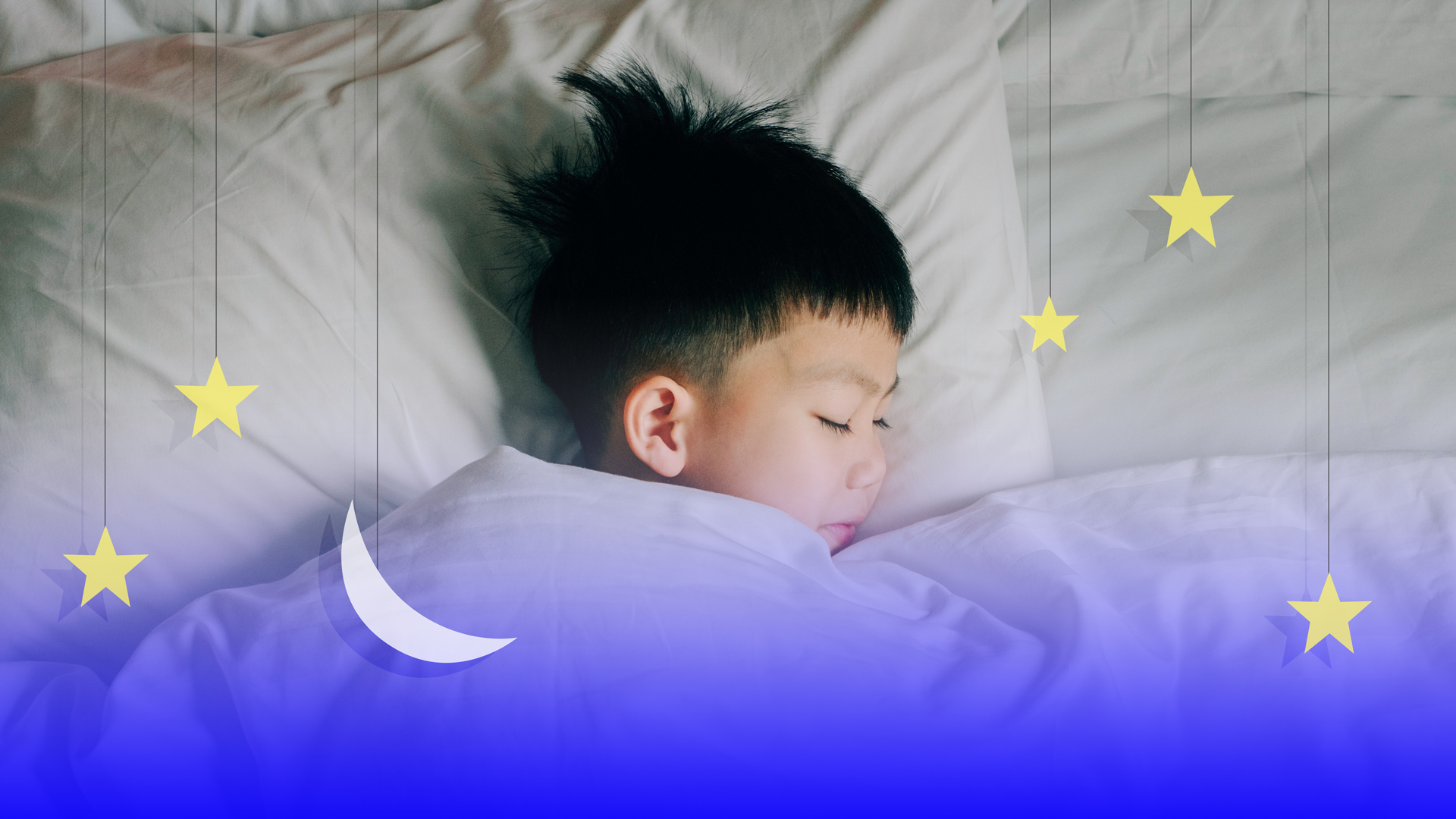 Asian boy sleeping with moon and stars filter