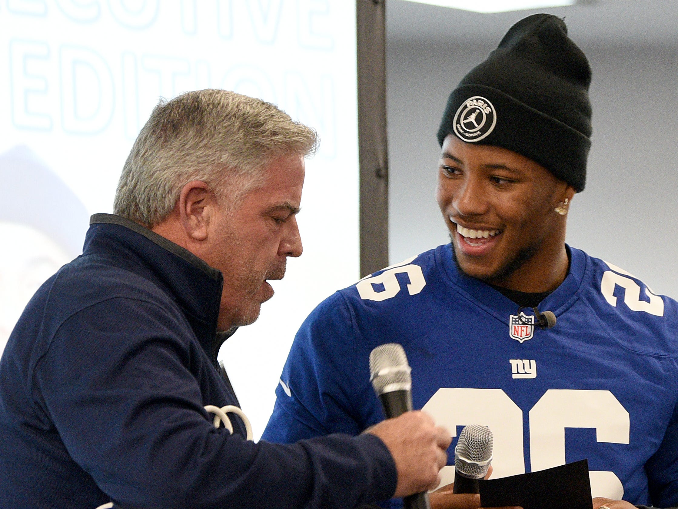 Covenant House holds a Sleep Out Executive Edition in Newark on Thursday November 21, 2019. Jim White and Saquon Barkley a player with the Giants and Sleep Out: Executive Edition Chairman speak to the fundraisers. 