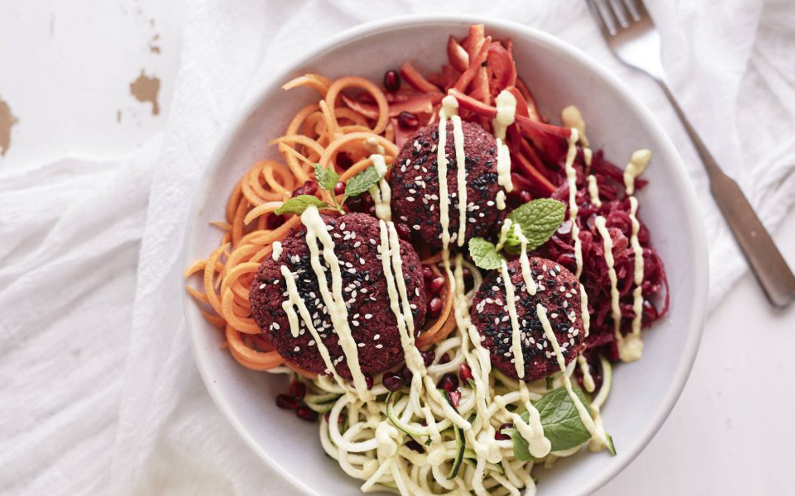 Gluten-Free Vegan Beetroot Falafel Rainbow Salad with topping