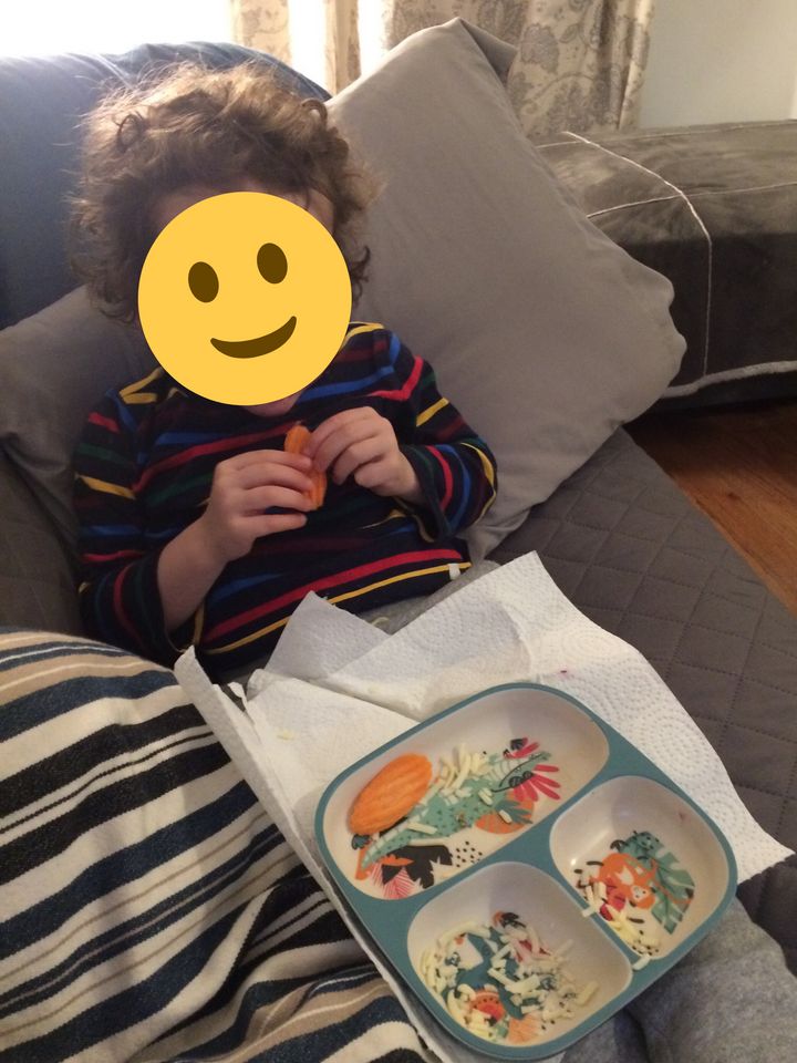 Here's my kid proudly hoovering his "special dinner" last night. Yes, we're eating dinner on the couch while watching "Mighty Pups." No one said I'm winning any parenting awards.