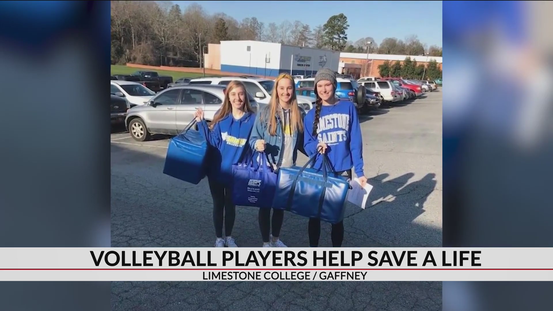 Thumbnail for the video titled "Limestone College volleyball players help save woman's life"