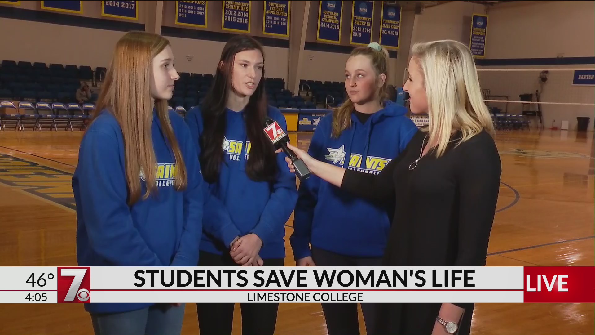 Thumbnail for the video titled "Limestone College volleyball players help save woman's life while serving community"