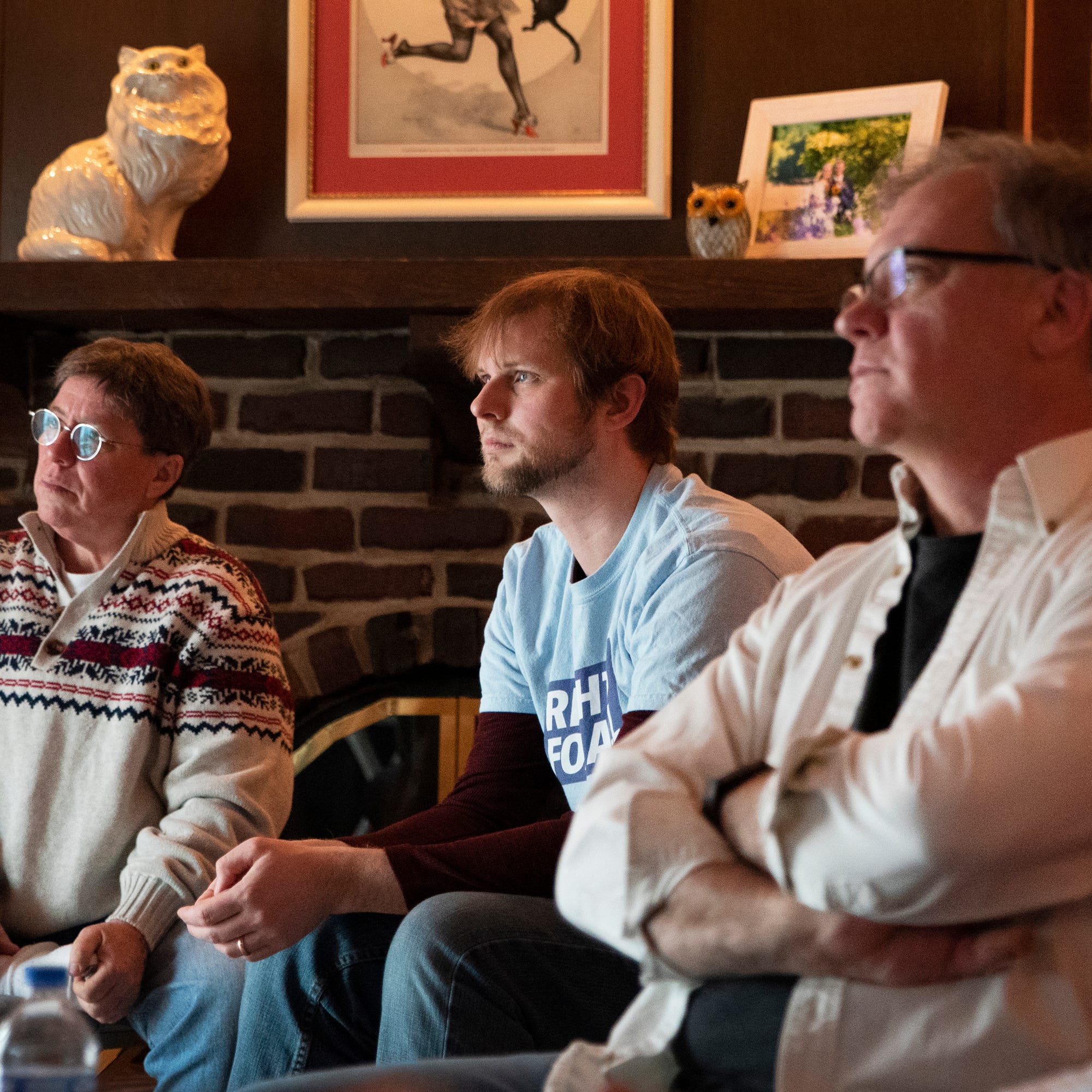 Attendees listen as ACLU volunteer leader Holly Thayer holds a training session for 'connection-making' strategies on caucus day pertaining to civil and immigrant rights, criminal justice reform and other issues on Jan. 19, 2020 in Urbandale.