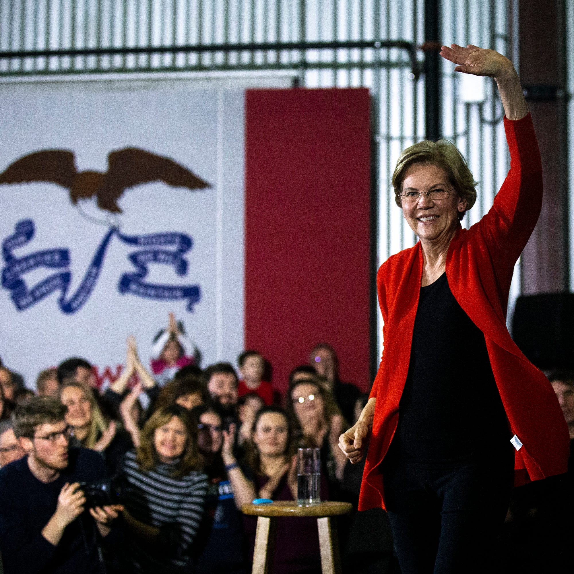 U.S. Sen. Elizabeth Warren, D-Mass., speaks to the crowd of people gathered for a campaign rally on Sunday, Jan. 26, 2020, at New Bo City Market in Cedar Rapids. 