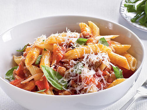 100 Pasta Recipes: Fresh Tomato, Sausage, and Pecorino Pasta Recipe