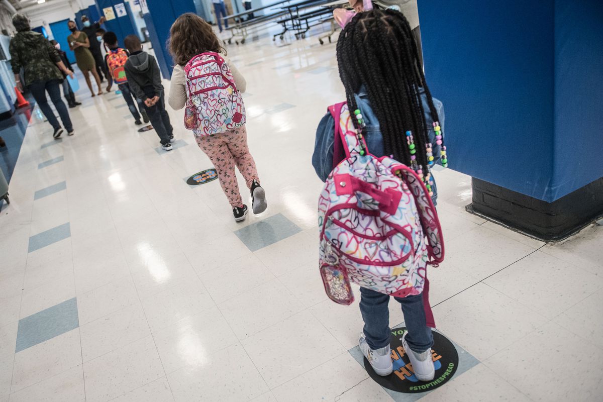 Students attend the first day of school at P.S. 188 The Island School in Manhattan, Sept. 29, 2020.