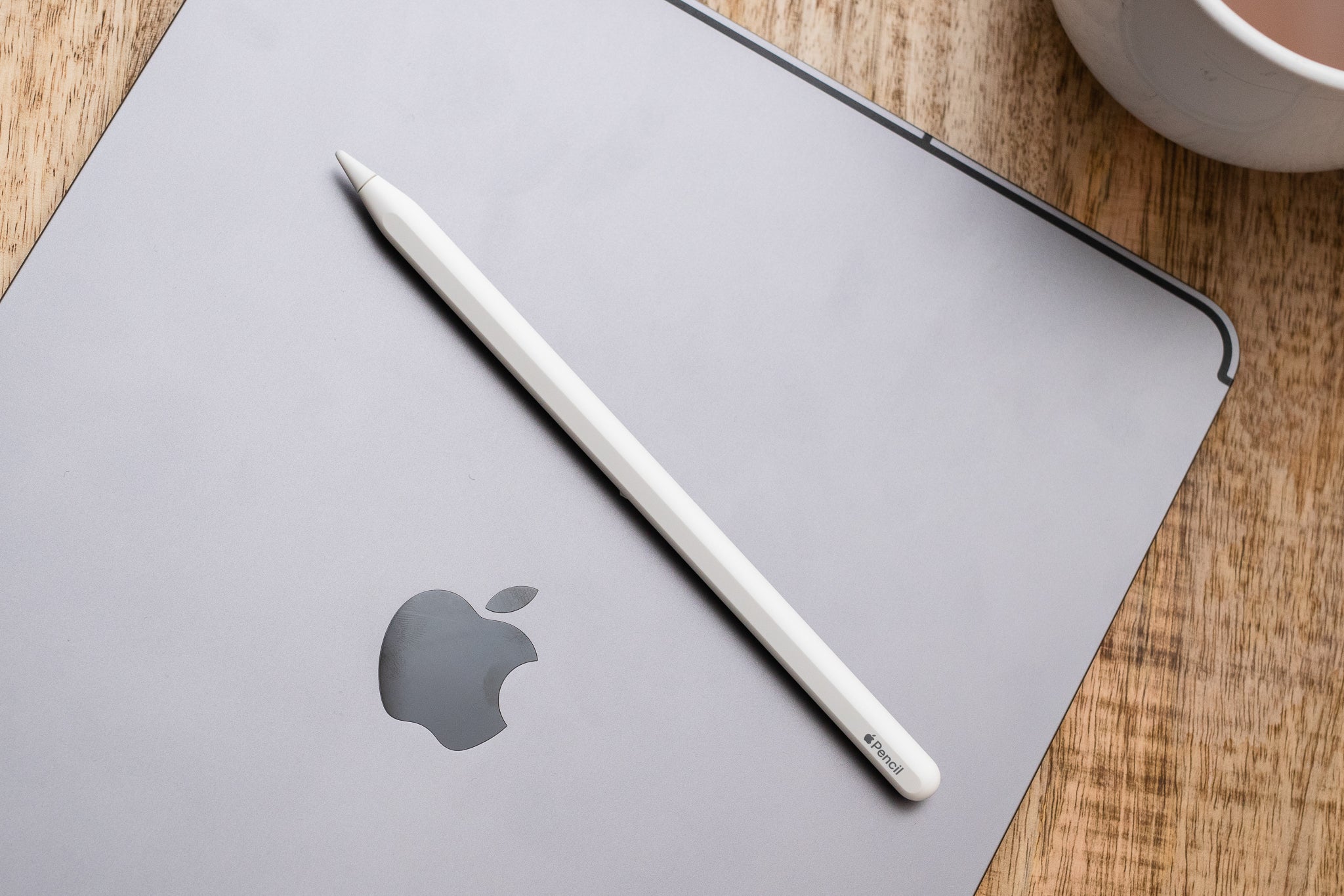 An Apple Pencil, shown on the back of an iPad.